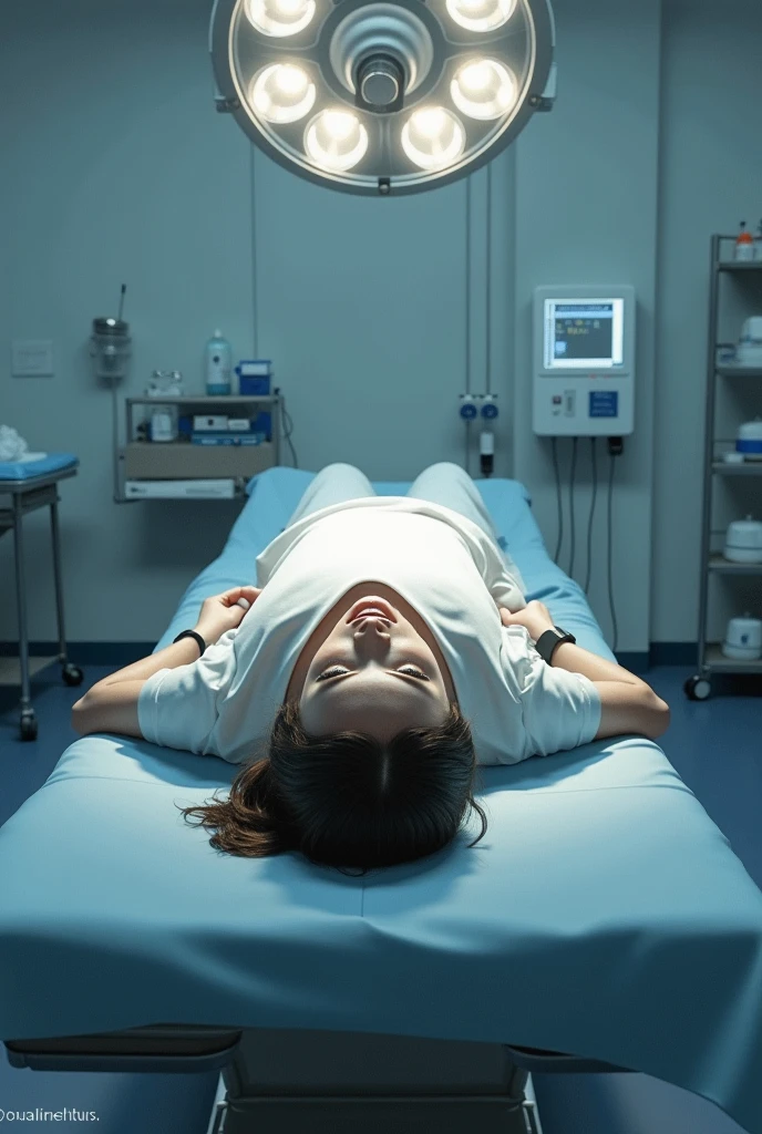 Dead girl in icu bed surounded by gloved nurses