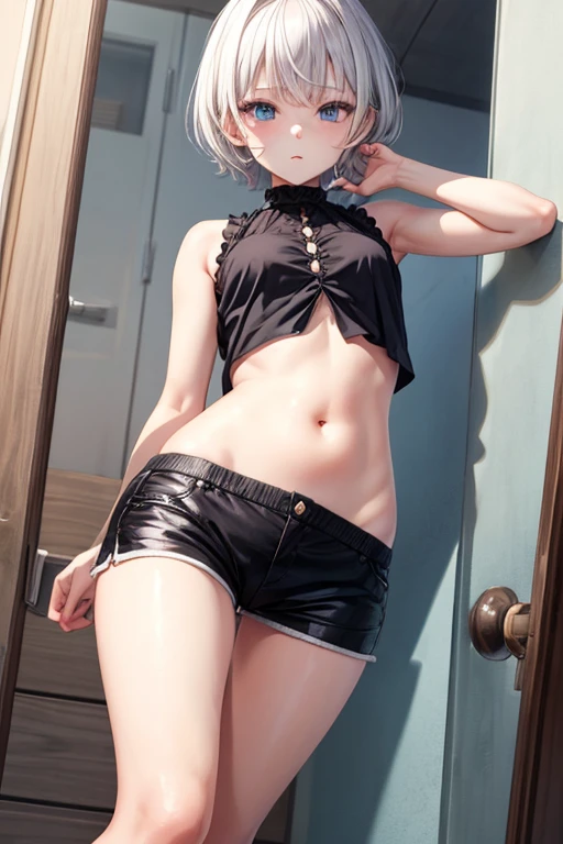 1 girl, (alone:1.2), ((masterpiece)), Slim, , pale skin, ((delicate eyes)), (bokeh effect), sweating, (dynamic angle),jump, white hair, short hair, bare shoulders,Lilu's collarbone, armpit, (External), shy, School cafeteria, thong,sports shoes,White over-the-knee stockings,running,b cup,white girls sports bra,high resolution,Super detailed,marks of strangulation,Slim腿
