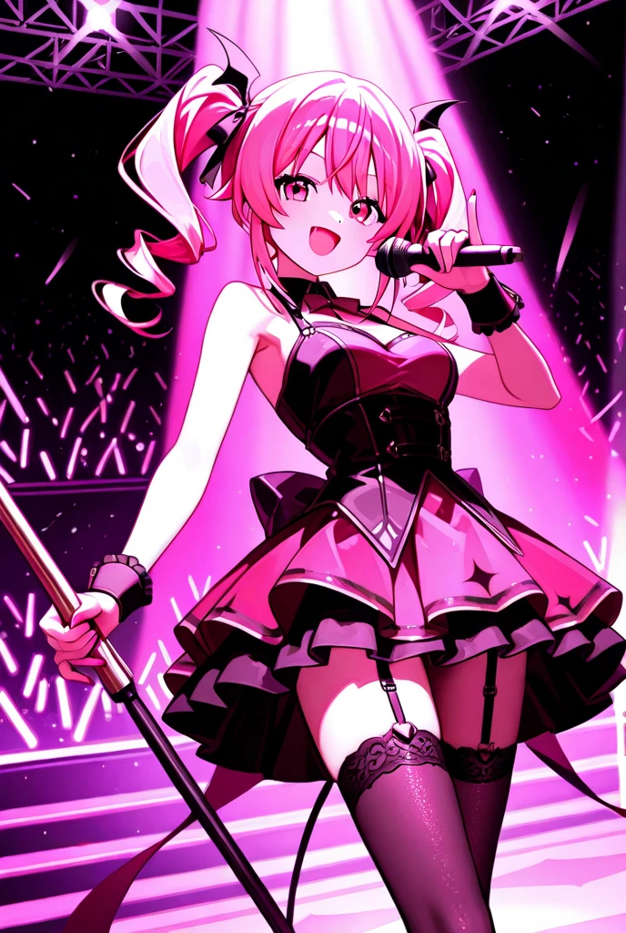 (highest quality:1.2, Very detailed, up to date, Vibrant, Ultra-high resolution, High Contrast, masterpiece:1.2, highest quality, Best aesthetics), Portraiture、girl, (solo), singer、big stage:1、rock consert:1, performance, (medium wave hair:1.3), (red hair and white hair:1.5), ((streaked hair:1.6)), highlights hair: 1.5, red eyes, slim body, medium breast, (dark skin:1.5), Bright colors、Beautiful fine details、Beautiful lip detail、Music band、Concert Light、Edgy Style、(black Skirt-style-bikini)、loose fit, Dynamic Movement、singing into the microphone, vocal, happy:1.5, (Floral Fineline tattoo design on left arm:1), (cowboy shot)