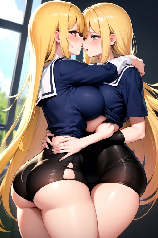lesbian (very long yellow hair)(pechos big ones, Thighs big ones)(with clothes it is very tight) that he is kissing at school with his girlfriend,(pechos big ones, Thighs,(naked) big ones)lesbian love