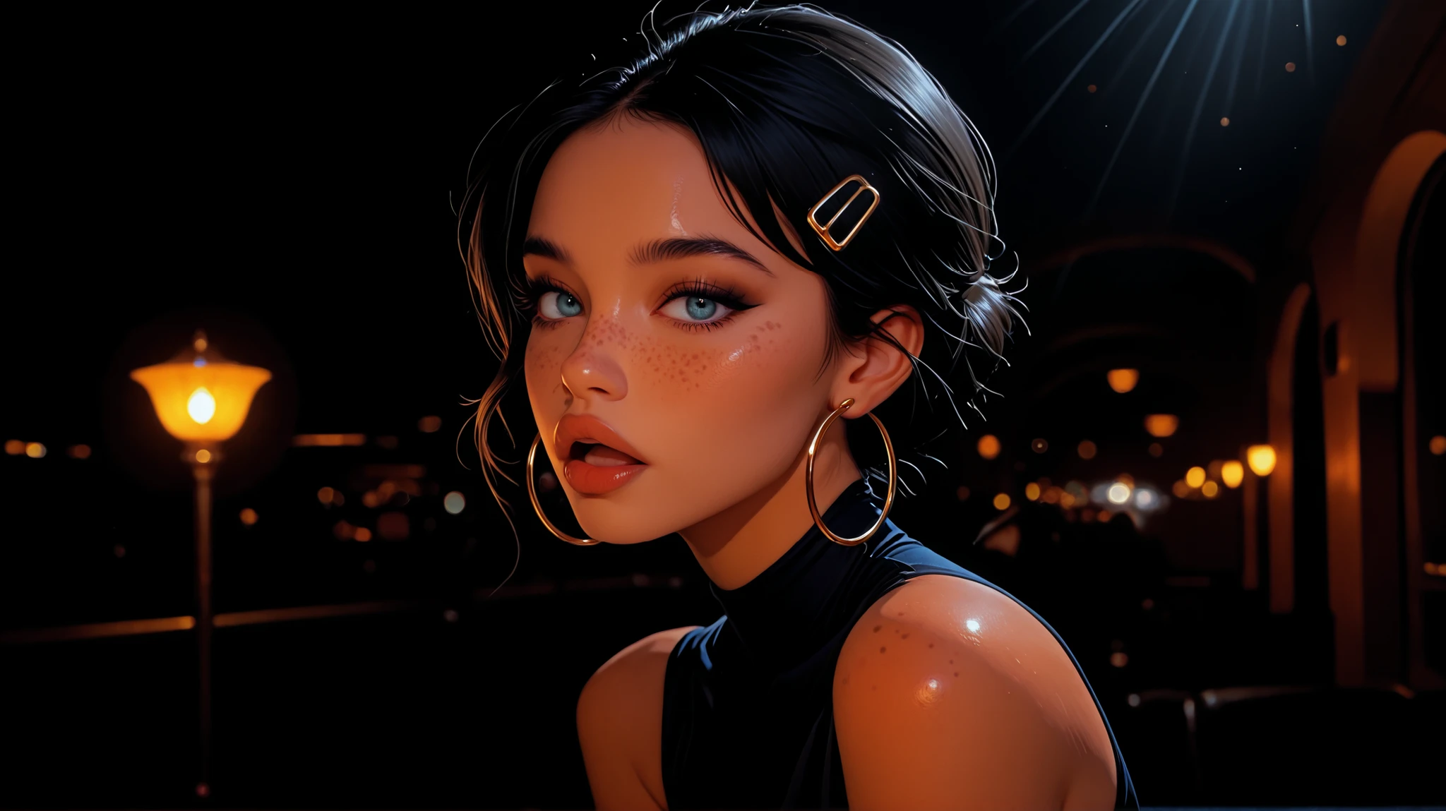 in a club, seductive open mouth, heavy eye makeup, tight shiny club dress, skinny, view from side, 1girl, Solo, High Resolution, looking at viewer, Bangs, Masterpiece, High Resolution, Anatomically Correct, Detail, High Details, High Quality, Hoop Earrings, cute freckles, Jewelry, Hair Clip, Backlighting, Bloom, Cinematic Lighting, God Rays, score_9, score_8_up, score_7_up, cinematographic film image, medium breasts, short black hair, dark eyeliner, shiny lips, full lips, blue eyes