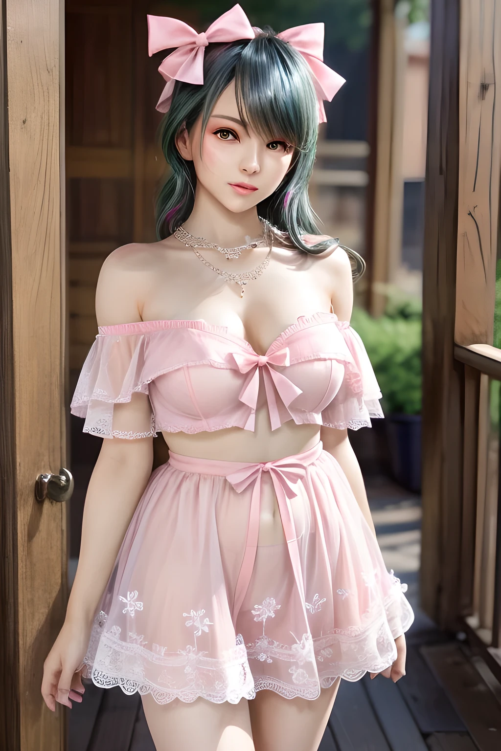 maidennurse、a beauty girl、Anime Big、Beautiful girls give each other a big push、((Shocking Pink Bunny Girl Costume Maiden with Ruffled Fishnet Tights))、Arch of the Rose、Flower Garden、kawaii、A slight smil、Facing this way、Glossy skin、luslous skin、Captivating、masutepiece、A detailed、masutepiece、portlate、Raw photo、top-quality、masterpiece、超A high resolution、(Photorealsitic:1.4)、octan render、8K picture quality、ultrasharp、Details of complex ornaments、Extreme Detail
