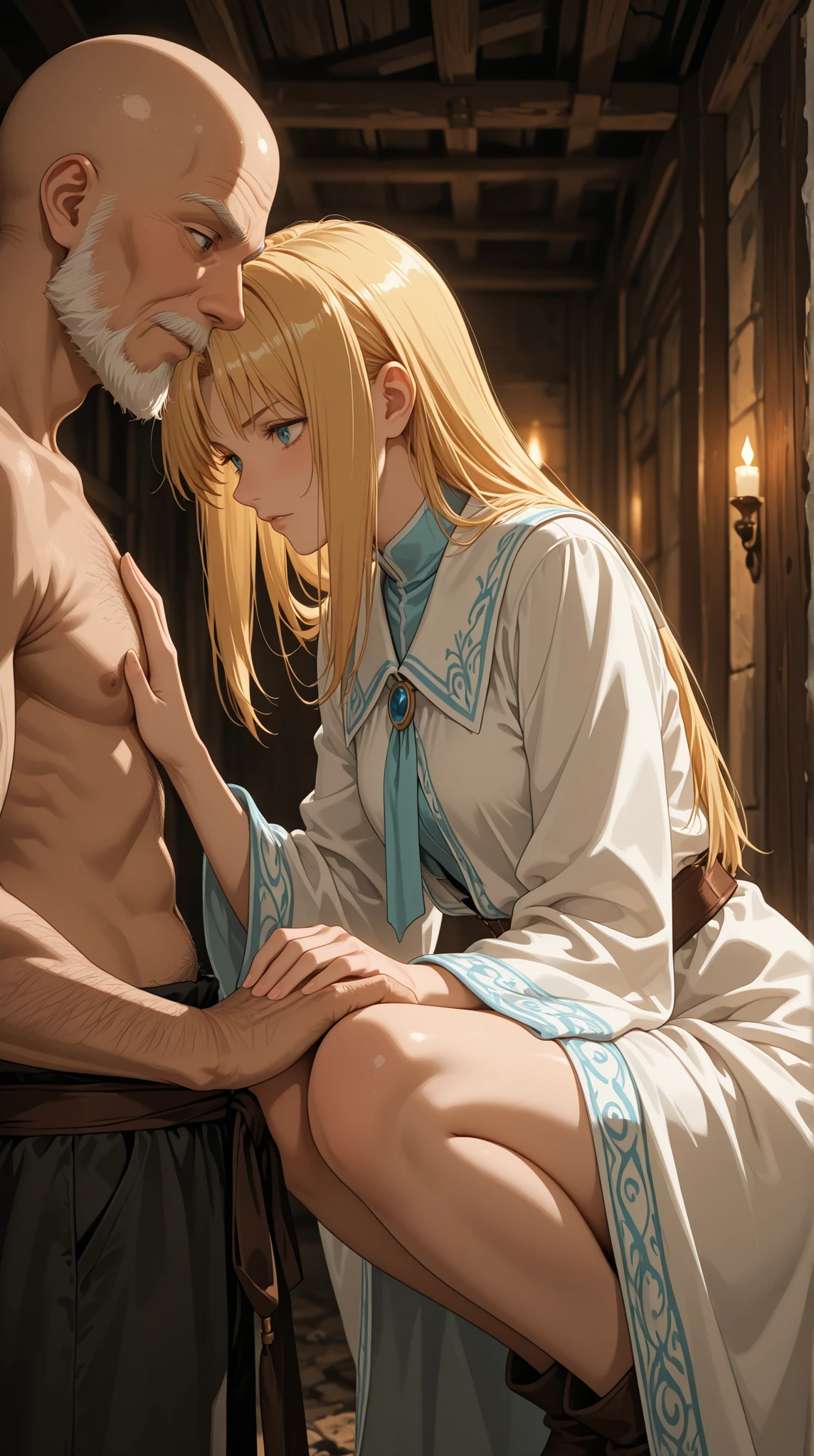 ((Highest quality)), ((masterpiece)), (detailed), (Perfect Face)、The woman is Princess Zelda, blonde with blue eyes and naked、The man is a dignified, middle-aged man of the Gerudo tribe, with a beard, muscular red hair and dark skin, Ganondorf, the king of the Gerudo tribe, and is naked.、On the bed in the Gerudo tribe's luxurious bedroom, the man and woman embrace each other, kiss each other, and have loving insemination sex, with the man's penis entering the woman's vagina and ejaculating a large amount.