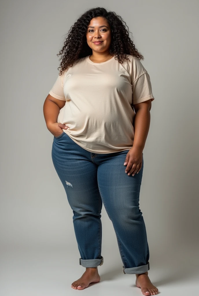image captured with a Sony α7 III camera, full body shot, an narrow waist, slightly wide hips, and a full bust. The proportions are highly stylized, with a sharp contrast between the tiny waist and the expansive curves of the hips and chest,, young black woman early 20's, straight cut jeans in Dark Blue color, fitted tee in white color, light brown high heels, natural realistic, creamy white background standing straight in front of the camera.