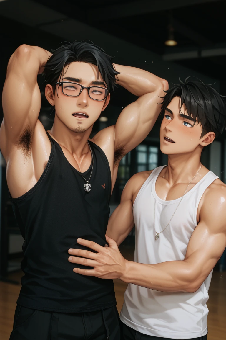 An anime bishounen teenager, with bright green eyes and short, curly jet black hair, possesses a brown complexion. He stands tall, boasting a broad chest and well-defined traps, dressed in trendy teenage attire. In a courageous act, he finds himself being choked by a man as he valiantly defends a girl. With a display of his Japanese/Lebanese/Puerto Rican heritage, he fights back, embodying a resemblance to Francisco Lachowski, Maluma, and Reggie Bush, all within the artistic style of Gundam Wing. Adorned with blood, he portrays a striking image.