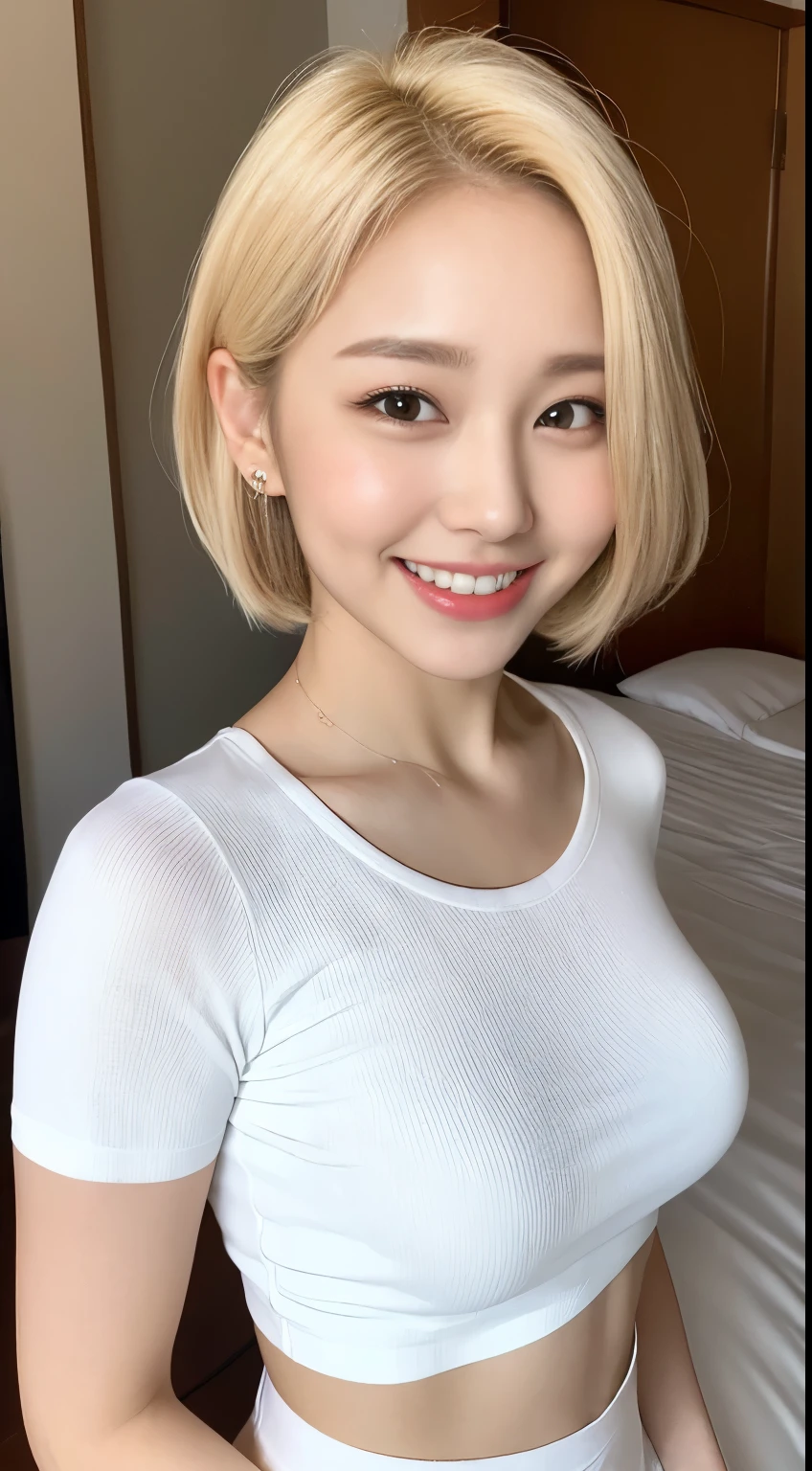Breast augmentation, highest quality, Photorealistic, finely, High resolution, 8k wallpaper, Perfect dynamic composition, finelyて美しい目, Medium Hair, Big and ample breasts, Random sexy poses,Chest to Chest、(Extra Small Mock Neck Crop Tank Top White Knitwear)、(Breast Swelling 1.2)、Laughter、Open your mouth、Resort scenery、23 years old、(Droopy Eyes 1.4)、Adult Beauty、Japanese、Blonde、Bob、Facing the audience、smile、double eyelid、Golden Hair、gold hair、Blonde、