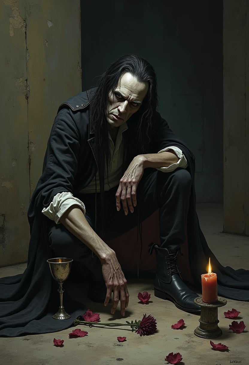 Photorealism realistic dark room table old scary male black appearance long hair holding glass of blood window low light effect