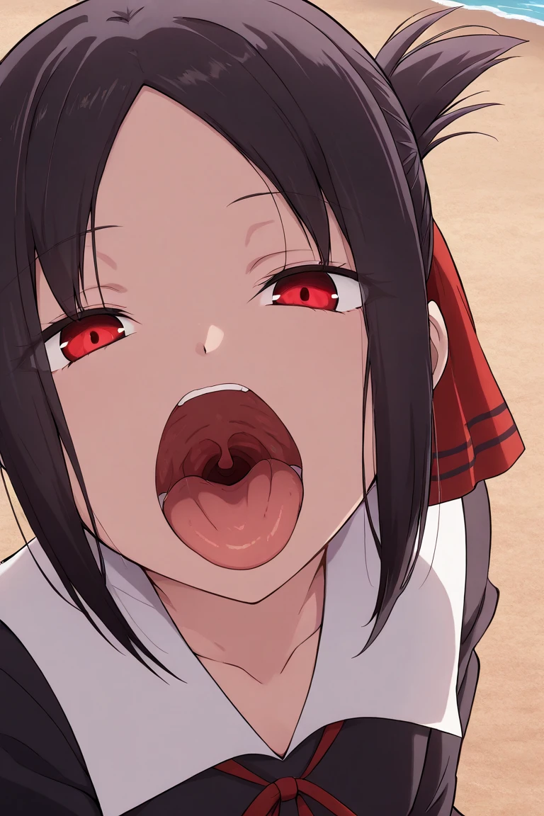 Shinomiya Kaguya, Shinomiyakaguya, Red eyes, small breasts, list brook, black fur, naked, saliva, after the kiss, trace of saliva, saliva thread, blush