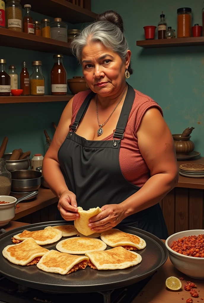 50 year old lady with apron in a typical Mexican kitchen
