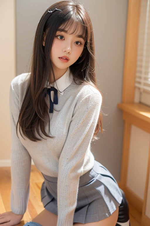 Low angle shot,arafed asian woman in a short skirt and bow tie sitting on a train, cute schoolgirl, japanese girl school uniform, wearing japanese school uniform, japanese school uniform, a hyperrealistic schoolgirl, dressed as schoolgirl, hyperrealistic schoolgirl, wearing school uniform, realistic schoolgirl, girl wearing uniform, wearing a school uniform, of a schoolgirl posing, full body, nice skin, glowing skin, nice thighs,glowing thigh, glowing legs