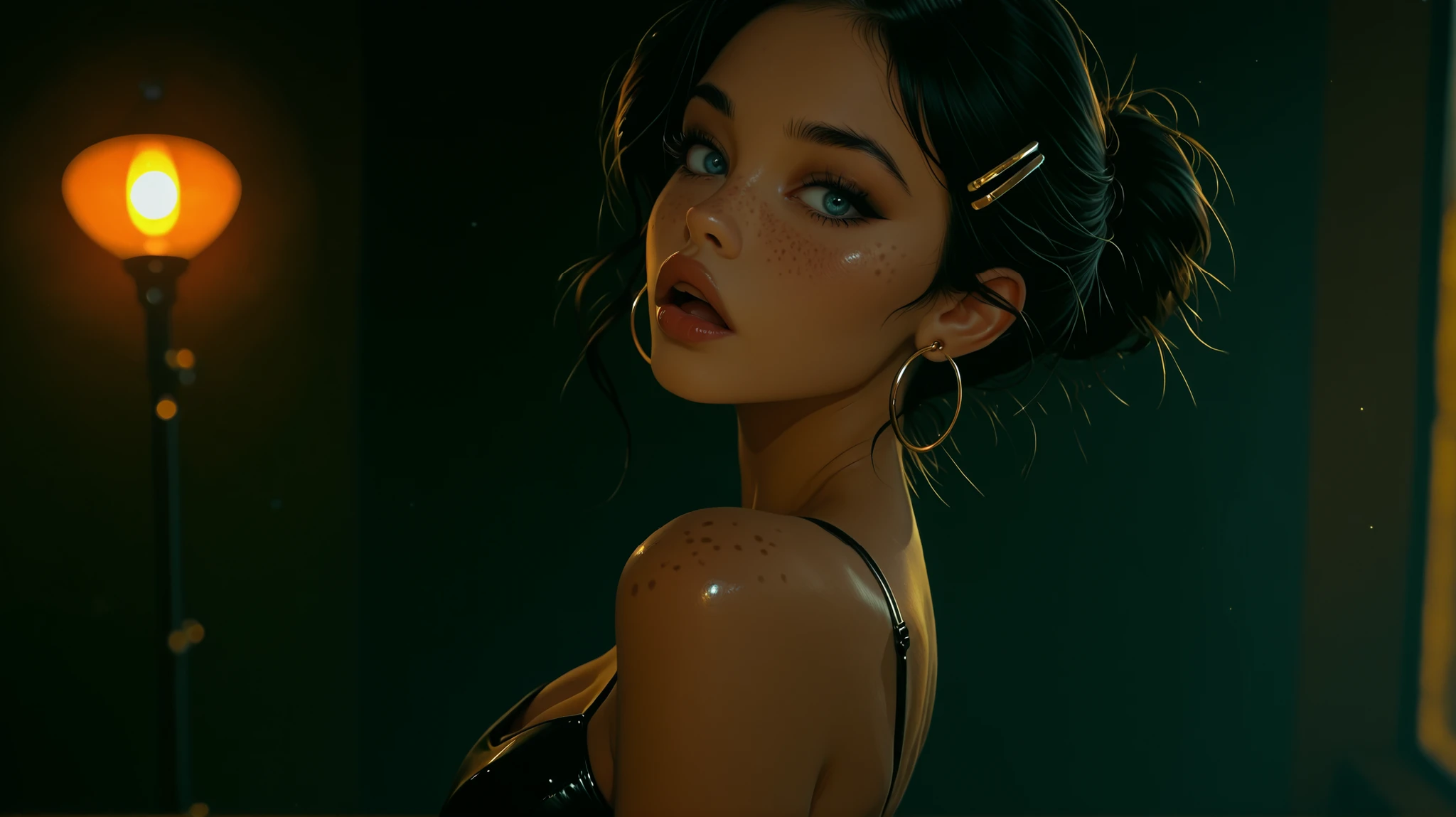in a club, seductive open mouth, heavy eye makeup, tight shiny club dress, skinny, view from side, 1girl, Solo, High Resolution, looking at viewer, Bangs, Masterpiece, High Resolution, Anatomically Correct, Detail, High Details, High Quality, Hoop Earrings, cute freckles, Jewelry, Hair Clip, Backlighting, Bloom, Cinematic Lighting, God Rays, score_9, score_8_up, score_7_up, cinematographic film image, medium breasts, short black hair, dark eyeliner, shiny lips, full lips, blue eyes