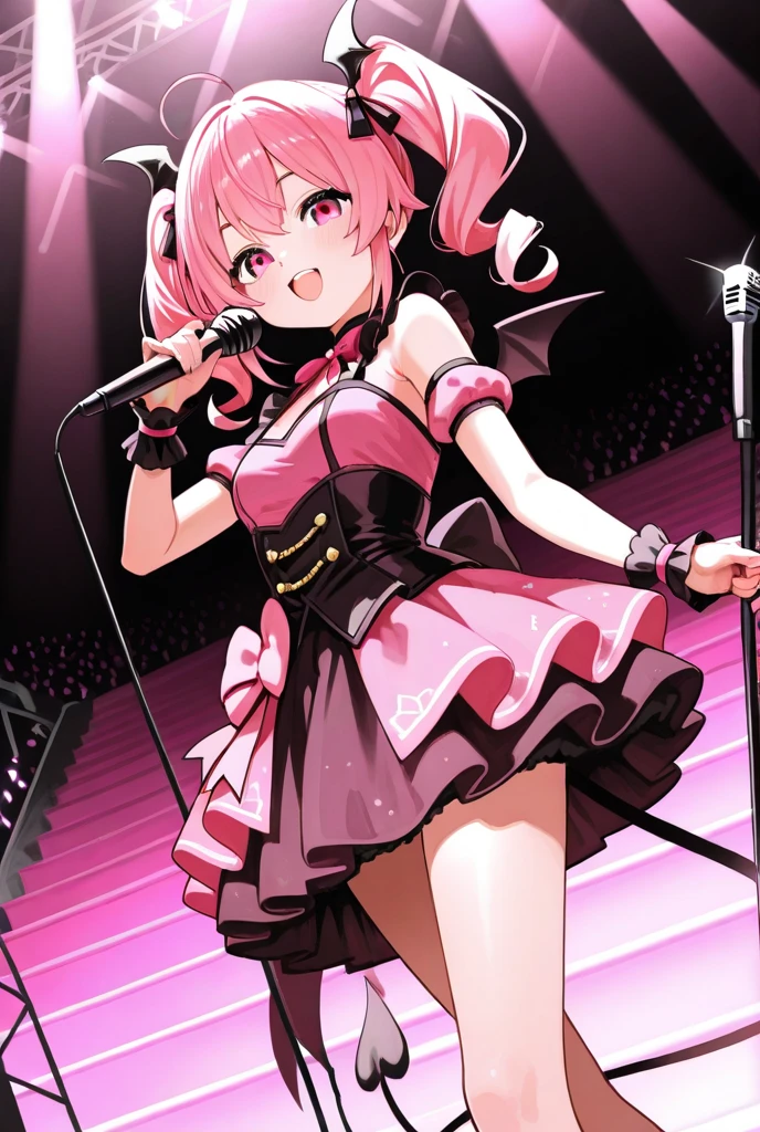 White woman pink hair short yellow skirt with 4 big ass black panties sex short black blouse pink bow with microphone