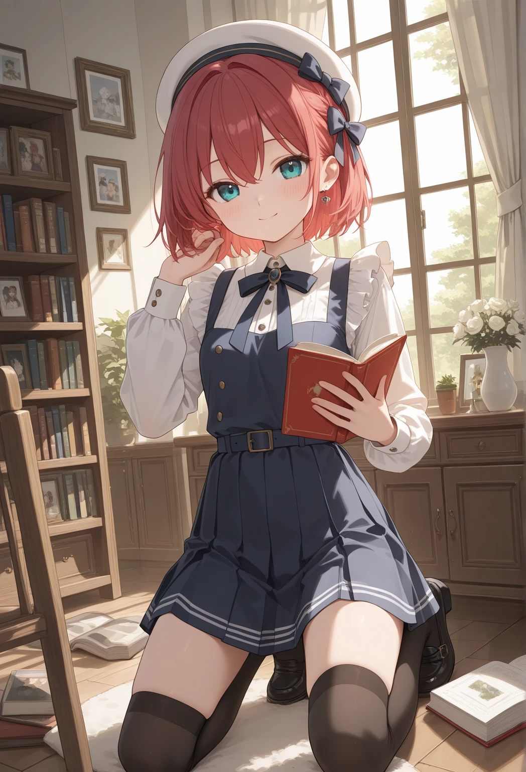 (masterpiece, best quality:1.3), 1 girl, solo, teenager,(top quality eyes:1.3),A 15-year-old girl with vibrant apricot-colored hair is sitting in her study at home, knees up. Her eyes are a clear soft gray, and a simple ring glistens on her hand. She is seated in a chair by the window, gracefully relaxing while gazing outside. The background features bookshelves, adding an intellectual ambiance.