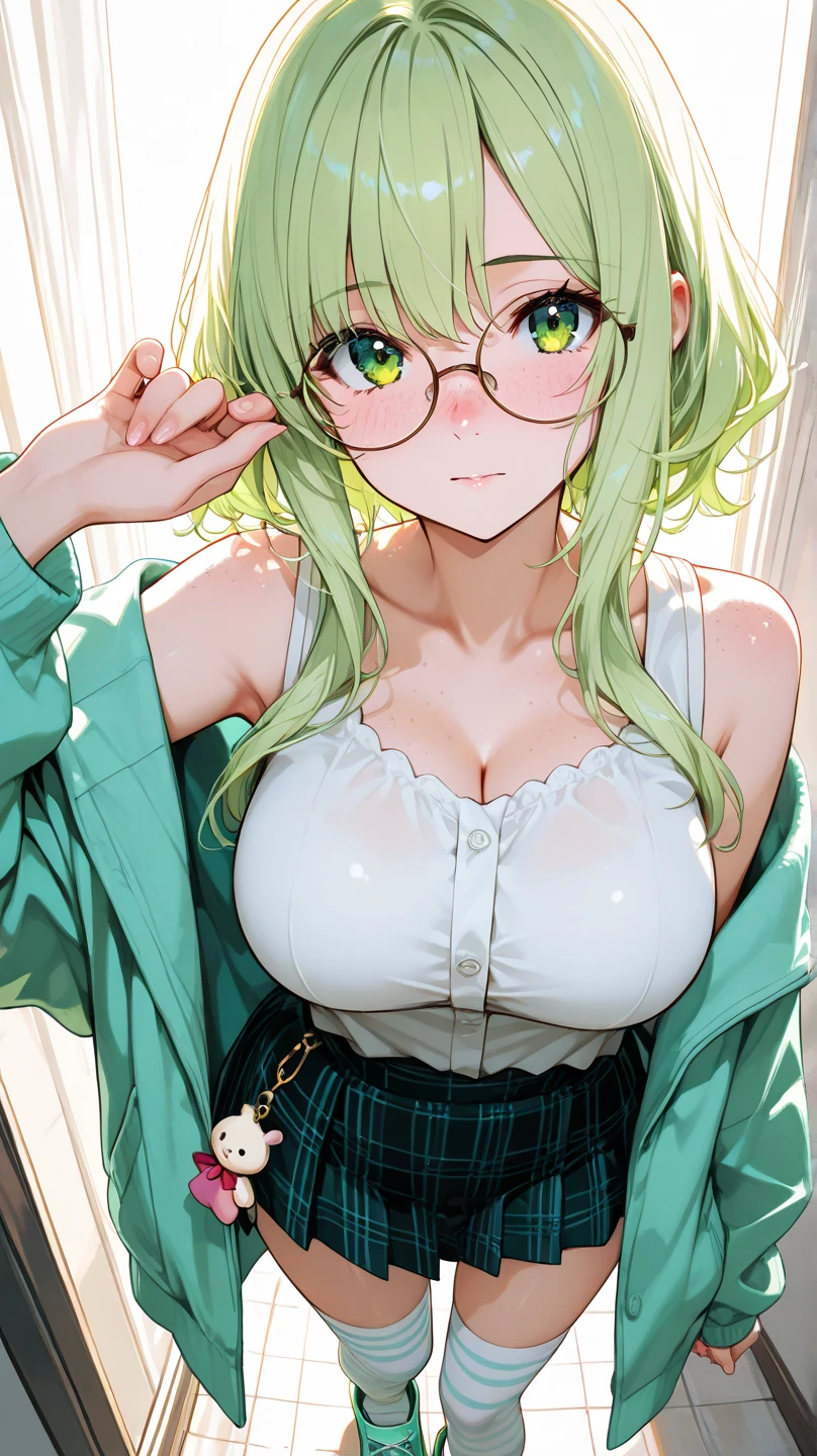 (masterpiece), best quality, expressive eyes, perfect face,1girl small breasts, bra, , sitting, (looking at book), Book store, (wearing classes), short green hair, cowboy shot from above