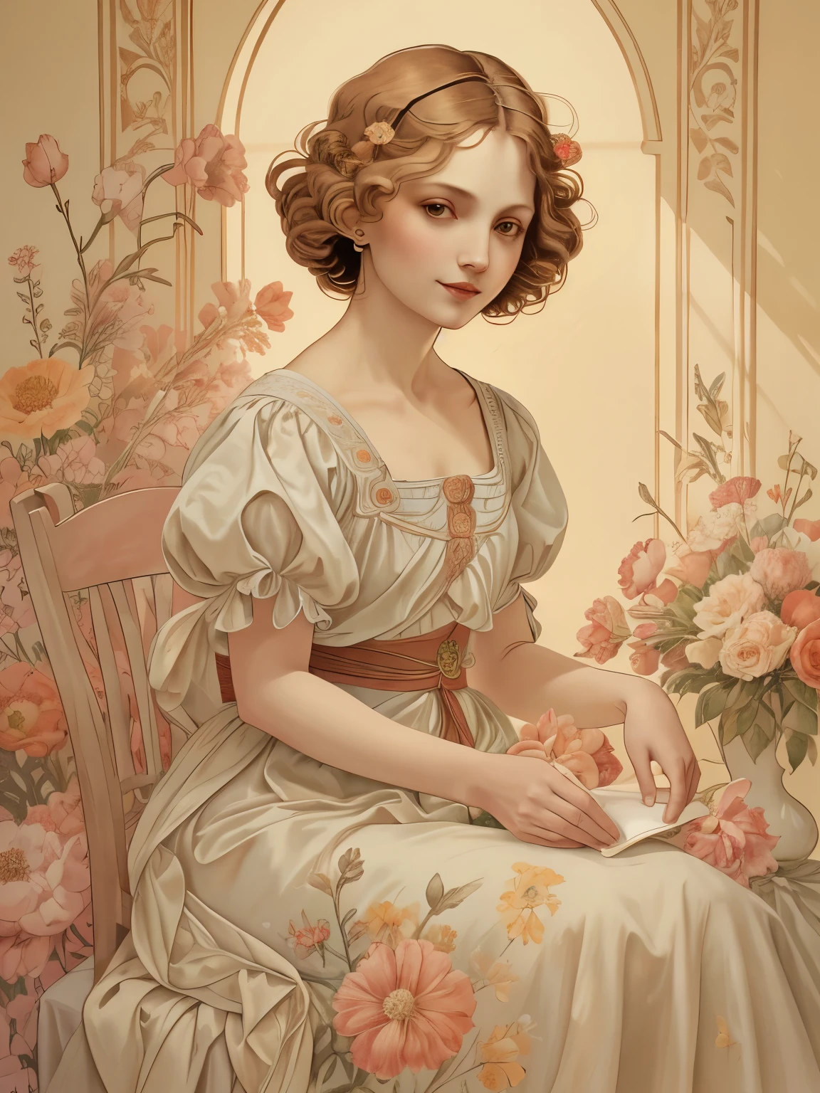 379 (20 year old women),(short hair),(gentle smile),(high quality photos),(Da Vinci ),(colorful floral dress),(A room with a large painting),((contrast between light and shade))