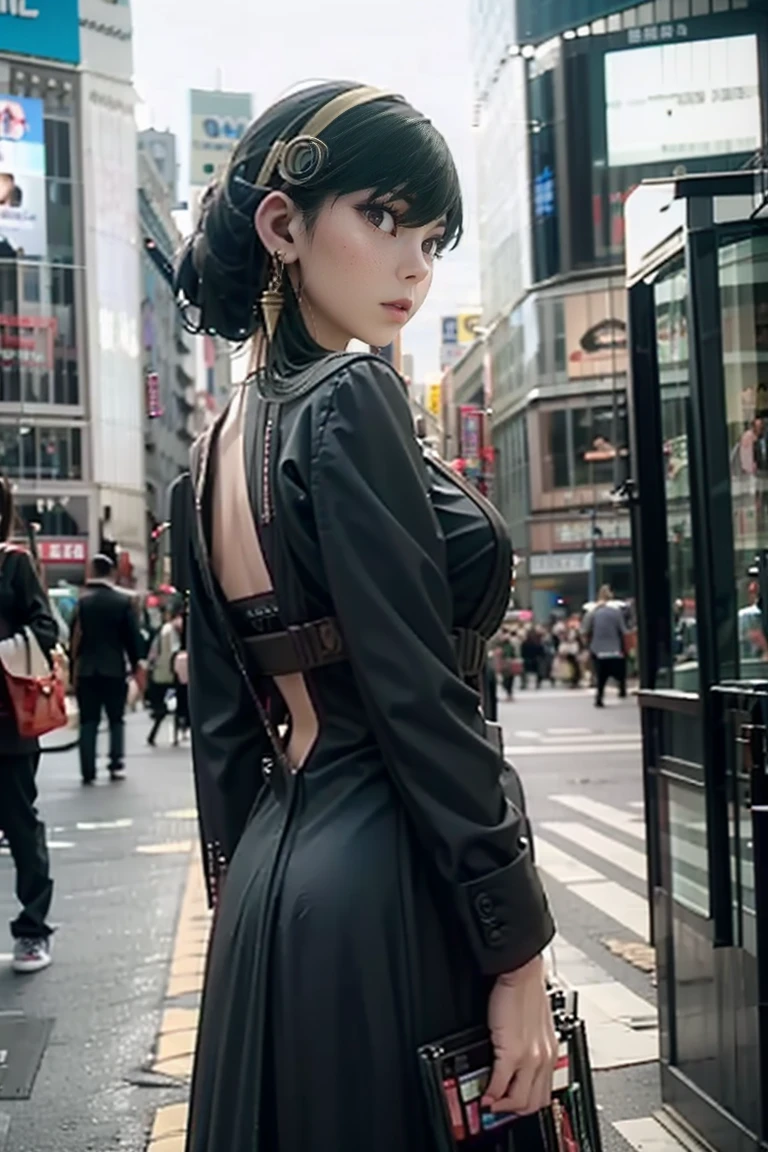 Asakusa steampunk young Japanese woman back view at night