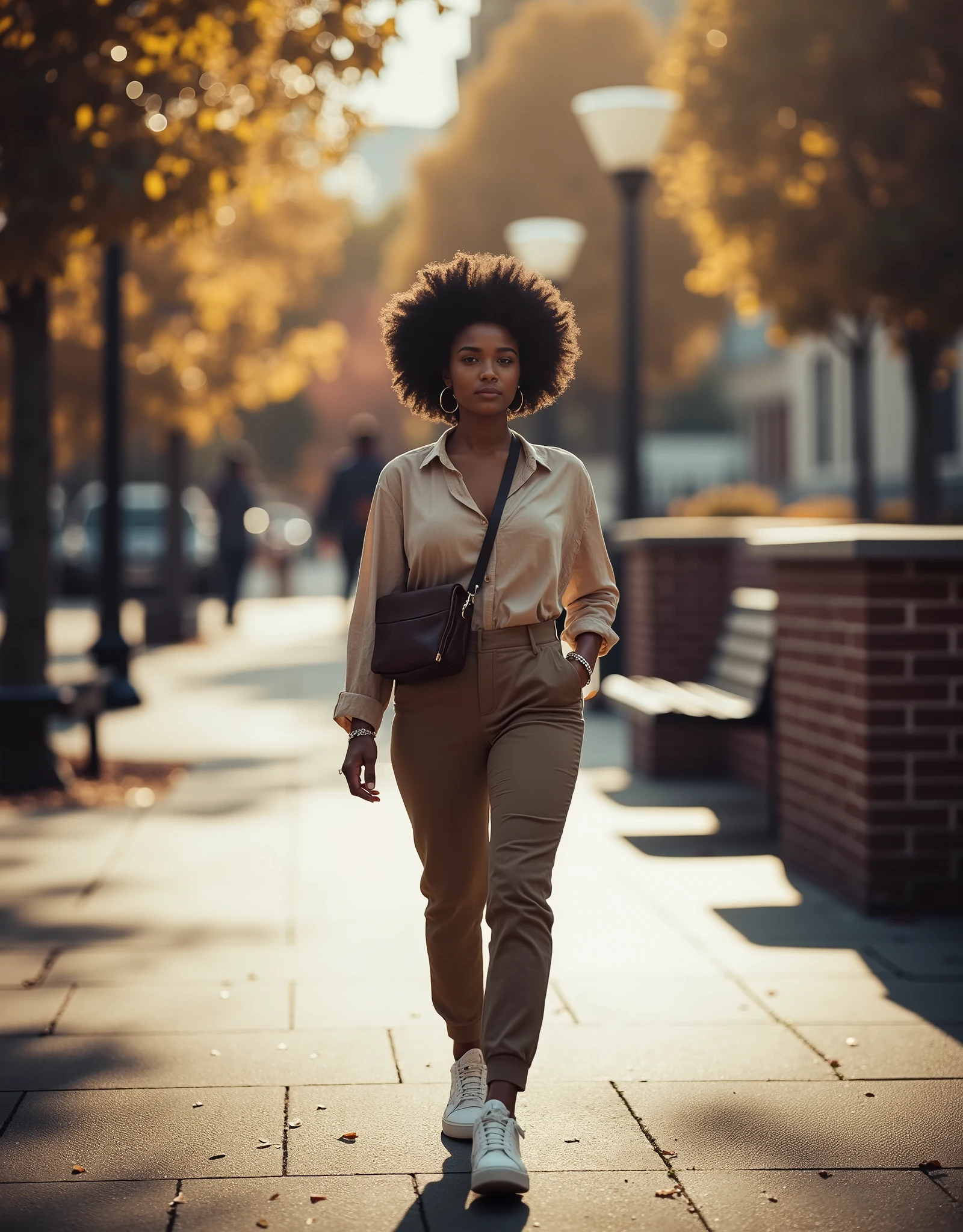 Generate an ultra-realistic, cinematic image of a young woman with voluminous natural afro hair walking confidently along a tree-lined sidewalk. The composition should be a medium shot, capturing her from the waist up, focusing on her confident facial expression, stylish posture, and outfit details. She is wearing a light brown long-sleeve blouse made of linen or cotton, featuring an elegant and subtle draping, paired with khaki slim-fit pants that accentuate her fitness-toned silhouette. A crossbody leather bag in dark brown or black with discreet metallic details hangs at her side. She wears white sneakers or low-cut ankle boots, small silver or gold hoop earrings, a delicate bracelet, and sunglasses pushed up on her head for a casual yet polished look. In one hand, she casually holds a disposable coffee cup, and with the other, she lightly touches the strap of her bag or slips it into her pocket. The background shows a paved sidewalk of cobblestones or asphalt, lined with brick walls or subtle urban graffiti, interspersed with park benches and streetlamps. Autumn leaves are scattered across the ground, and soft sunlight filters through overhanging tree branches, creating dynamic patterns of light and shadow across the path. Light settings: Golden hour atmosphere — warm, natural light casting a golden glow on her glowing brown skin and adding richness to the earthy tones of her outfit. Use soft bokeh in the background to emphasize her presence sharply against the dreamy, urban landscape. Capture the mood with a natural, flowing motion, evoking effortless urban elegance and a sense of personal freedom. The overall vibe should be streetwear chic — a sophisticated yet relaxed modern aesthetic.
