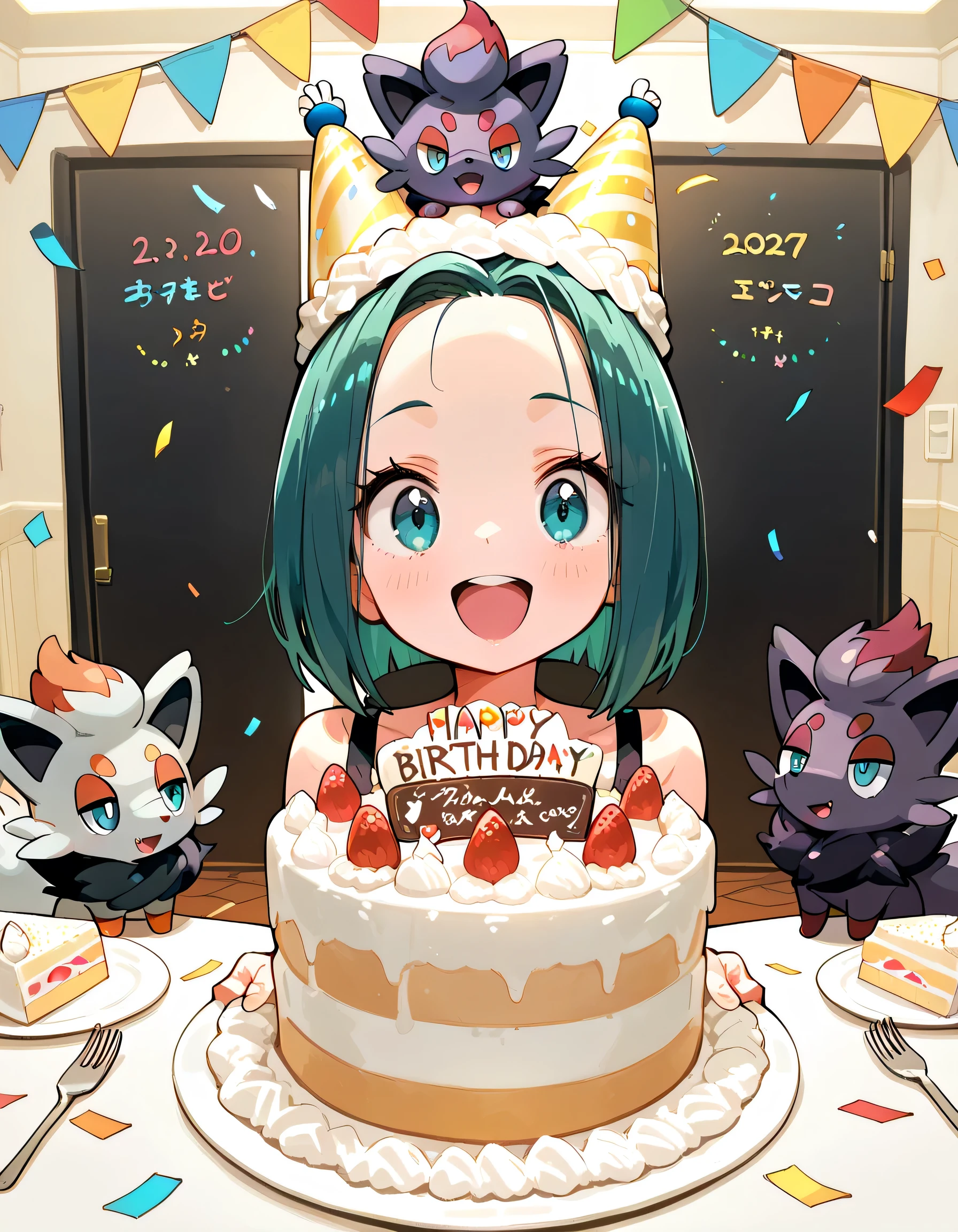 chibi Zorua(pokemon), and hisui zorua(pokemon),Zorua's birthday party, birthday cake on the table, birthday cake hat on Zorua's head, crackers, confetti, celebratory atmosphere, The antique and stylish rooms are filled with Pokemon goods,(with female,black shoulder length bob,forehead,upperbody),soft lineart, The antique and stylish rooms are filled with Pokemon goods background,