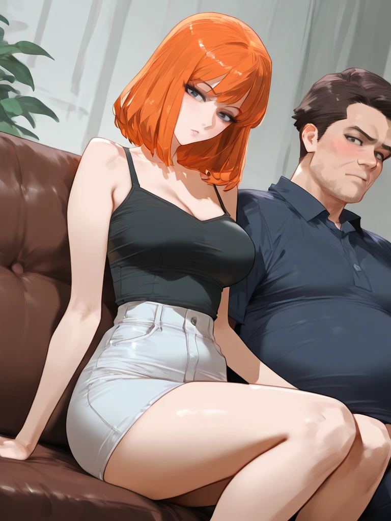 An adult woman with red hair in a thong with a short bra, huge tits and big ass sitting on a couch