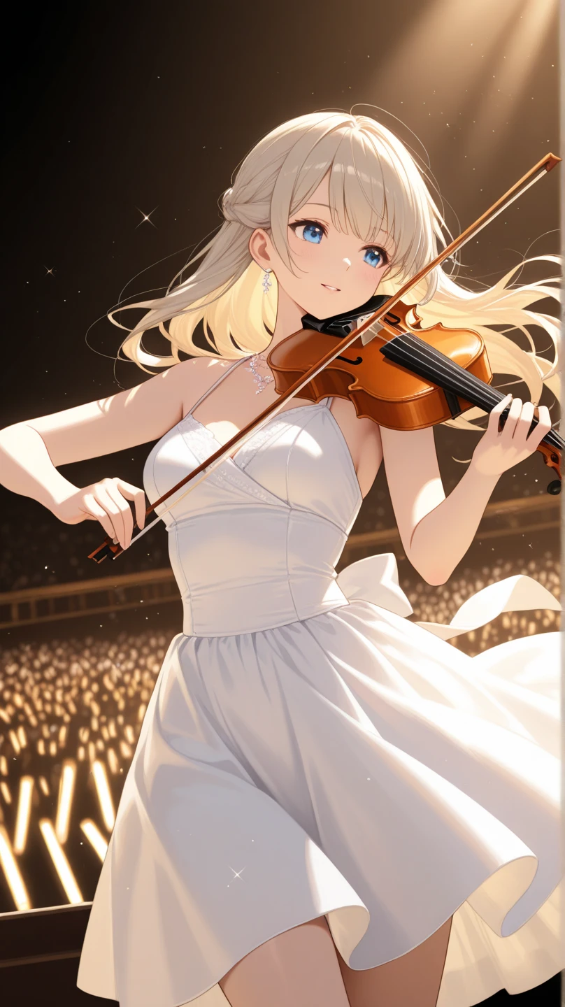 full body, sexy blonde woman, playing violin, on large stage at busy concert in spotlight, peeing self, have to pee, standing legs crossed, worried, blushing, shy, puddle of urine, blue_eyes, humiliated, looking down, flushed, panicked, white lingerie, upskirt, lingerie, high heels with bows, trembling, full face blush, blushing, shy, terrified,