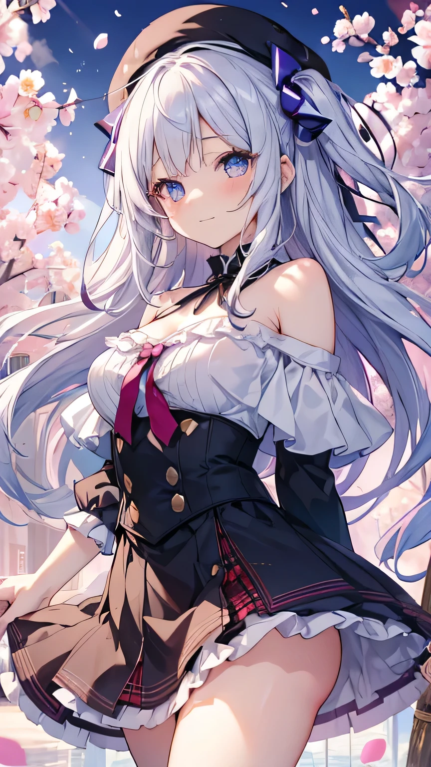 (score_9, score_8_up, score_7_up), source_Anime, absurd_res, white, purple, black, 1girl, solo, upper body, super fine illustration, an extremely delicate and beautiful, best quality, masterpiece, 8K, spring setting, shoppingmall, gentle breeze, sunlight, long silver hair:1.3, two side up:1.2, blue eyes, hair ribbon with black, ample breasts, red beret, white Off-shoulder with decoration ribbon:1.3, purple checkered wrap skirt, red shoulder bag, ultra-beautiful girl, fluttering hair, blushing faces, smile:1.2, embarrassed reaction, looking viewers, dynamic pose, contrapposto pose, soft fabric movement, fluttering petals, warm and bright atmosphere, soft lighting, delicate color palette, detailed clothing folds, flowing hair, lively spring vibe, highly detailed rendering, breathtaking composition,