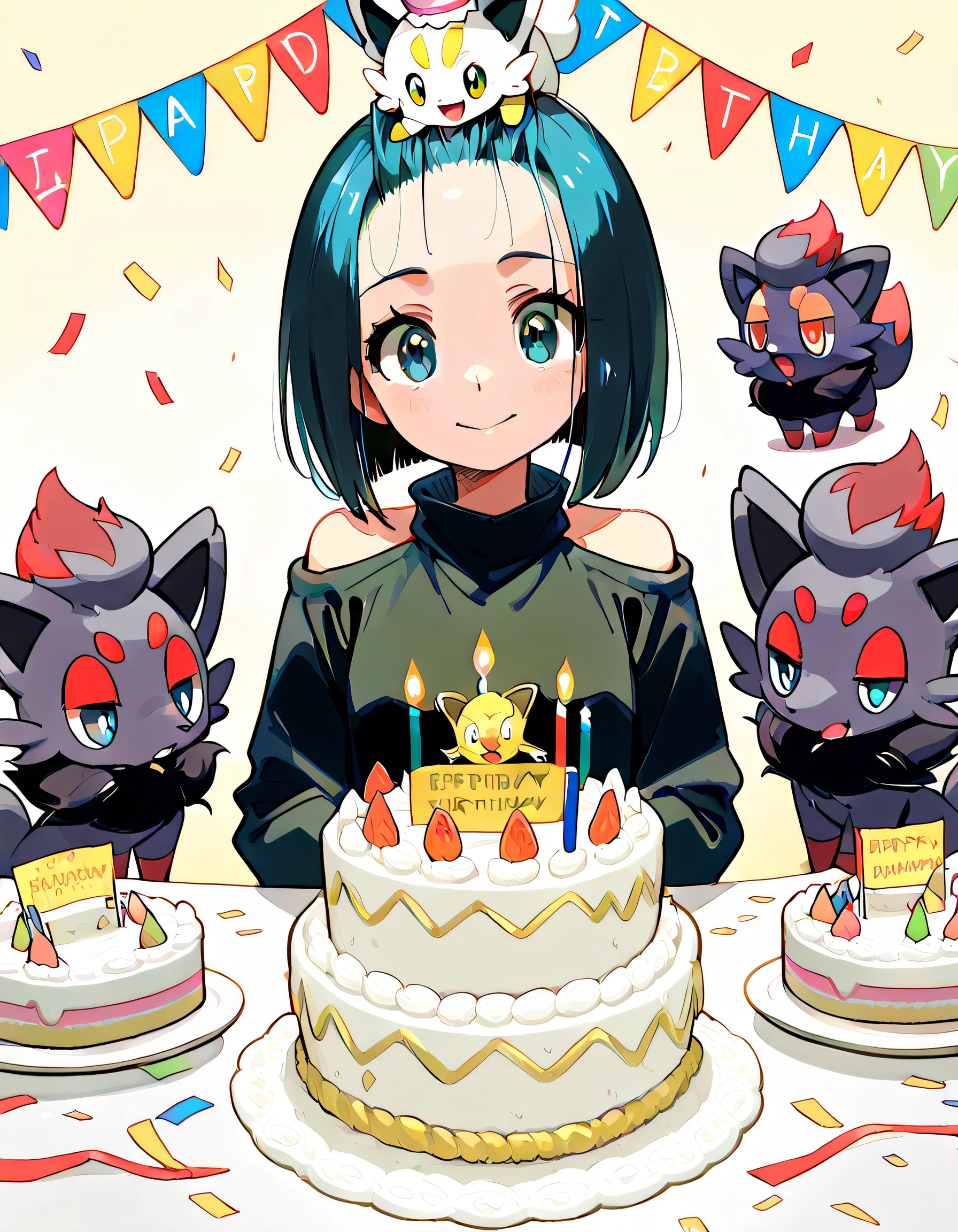 chibi Zorua(pokemon), and hisui zorua(pokemon),Zorua's birthday party, birthday cake on the table, birthday cake hat on Zorua's head, crackers, confetti, celebratory atmosphere, The antique and stylish rooms are filled with Pokemon goods,(with female,black shoulder length bob,forehead,upperbody),soft lineart, flat pastel color background,