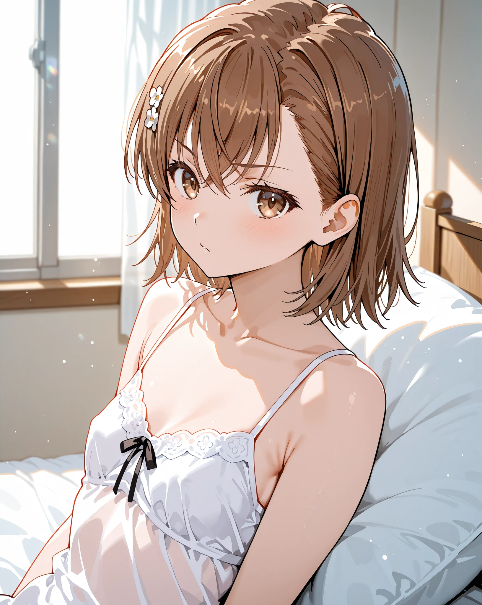 Gentle expression、Short hair. Pale brown hair and brown eyes.in one's underwear only、White bra、White panties. Put your hands on your chest.. High image quality. Photo Quality. High Definition. of the highest quality.、Quiet face、Balance Diagram、a 14 year old girl、Reddened cheeks、a bed、Bedroom、lying back on、Open your crotch、Focus on the lower back、Show off thin breasts、