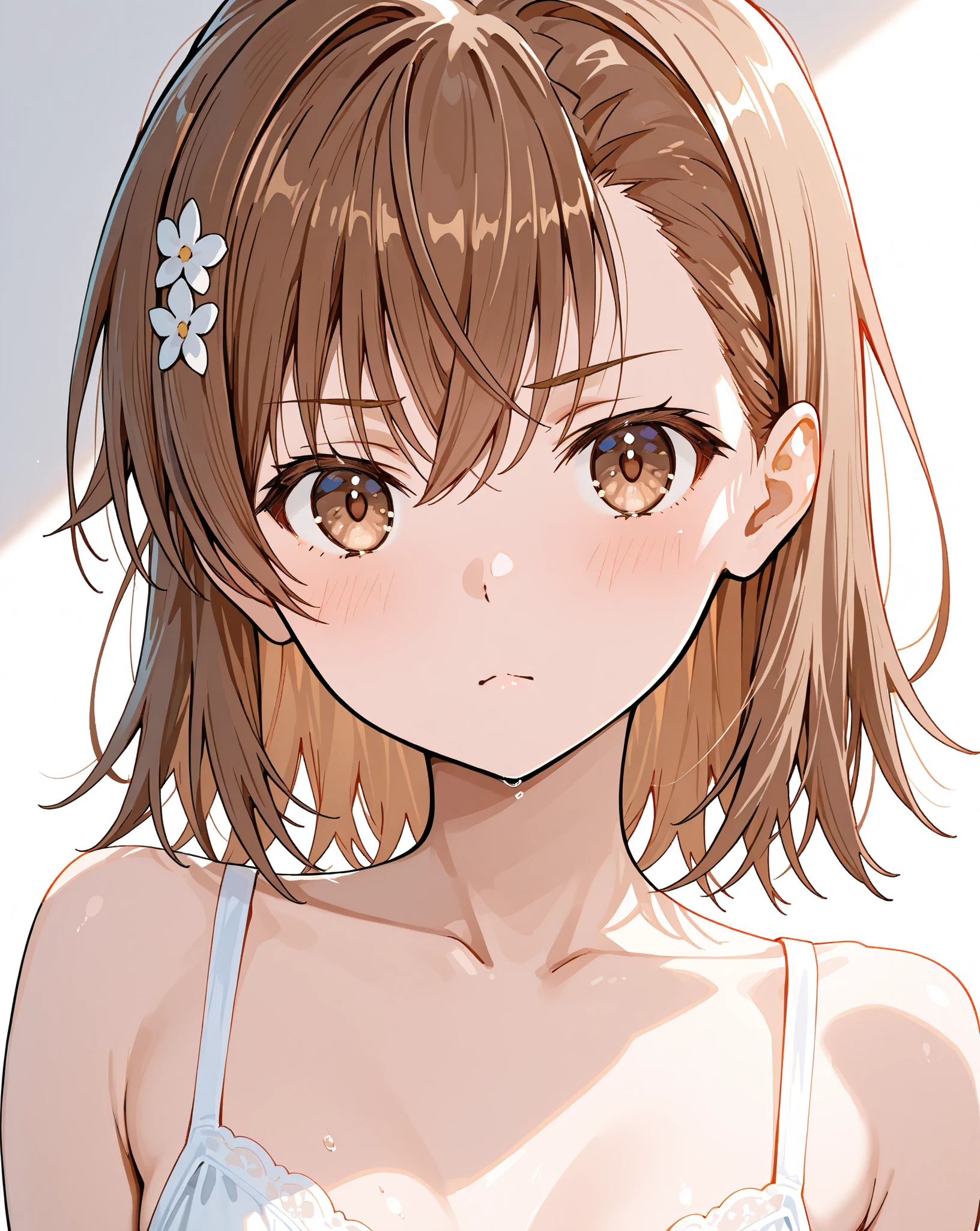 masterpiece, best quality, highres, aalo, short hair, ahoge, blush stickers, ,(gyaru:1.3),embarrassed face,naked,nude,,small breasts