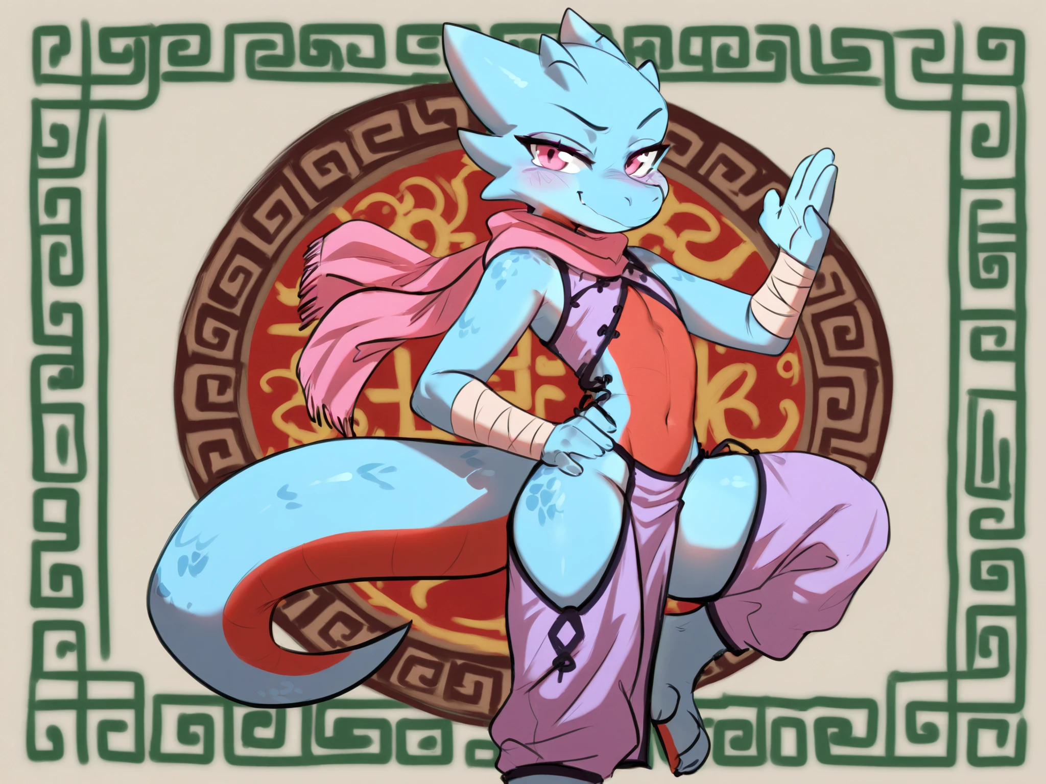 ((masterpiece, best quality)), (anthro furry:1.3, snout:1.2, anthro:1.3, furry:1.2, solo male:1.2, smug smile), Furry, kemono, kobold, anthropomorphic, male, femboy, light blue scales, red belly, pink eyes, flat chest, ((sexy clothes, revealing clothes, white and purple clothes)), Chinese dress, chinese clothes, pink scarf, fantasy theme, uploaded on e621, fantasy town background,Monk, DnD, arm wraps, loose fit clothing, dynamic pose, movement,scalie, scales,furry, aoizuri art style,Kobold, furry dragon, tail, short stature,