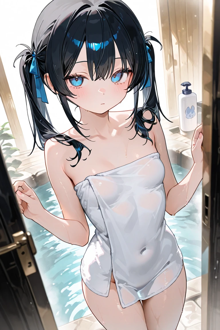 nude anime girl,black mix blue hair ,18+, no clothes, sweet, sad face, cry, sad,show breast, medium , wet, tits, nipples, horny, sexual, full HD,lying in the bath, shower, bathroom