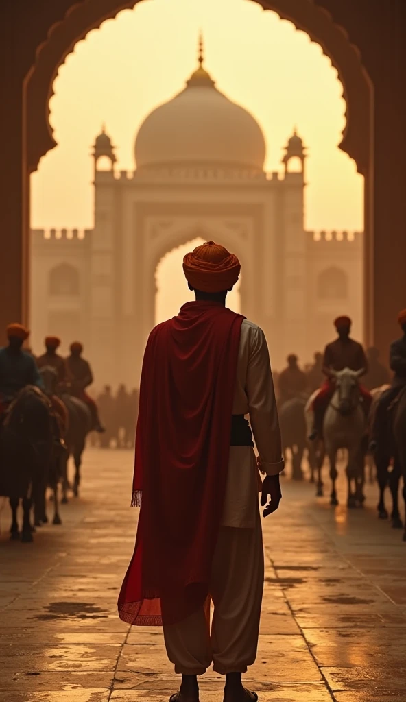 Shah Jahan Overseeing the Red Fort: Shah Jahan on a raised platform, observing the construction of the Red Fort. Workers and craftsmen are busy in the foreground, while the partially built red sandstone fort looms in the background in dall e-3 style