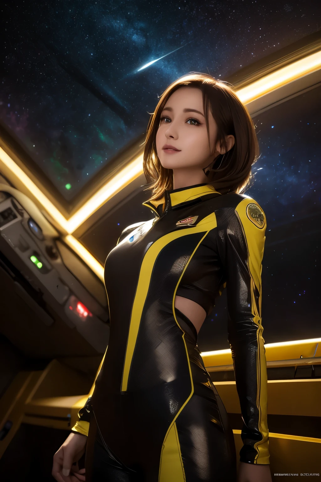 Space ship, captain future, comet, extremely fine and beautiful design, illustration, masterpiece,best quality, high resolution, 8k, sf,space fantasy, extremely beautiful and fain design, extremely fine and beautiful colors, An anime girl with shoulder-length green short hair and warm brown eyes, dressed in a sleek, black-and-yellow space pilot suit with metallic patches on her shoulders. She’s leaning back with her hands behind her head, standing in singing dancing pose, background a planet with visible Universe Galaxy,(RAW Photos, Best Quality), (Realistic, photo-Realistic:1.4), masterpiece, Very delicate and beautiful, Very detailed, 2k wallpaper, wonderful, In detail, Very detailed CG unity 8k wallpaper, Super detailed, High resolution, Soft light, Beautiful detailed girl, Very detailed eyes and face, Beautifully detailed nose, Beautiful detailed eyes,Cinematic Lighting,Perfect Anatomy,Slender body,smile,extremely fine and beautiful colors, extremely beautiful and fain design,amazing sapraizz, dynamic production ,space adventure,