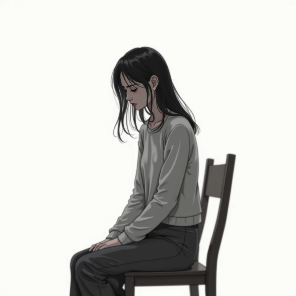 a powerful woman wearing a large shirt that reaches her thighs, text "H a r l" written on the shirt, sitting on a chair, with a bold expression, 4k image, moody, muted color palette, lighting, intricate details,.