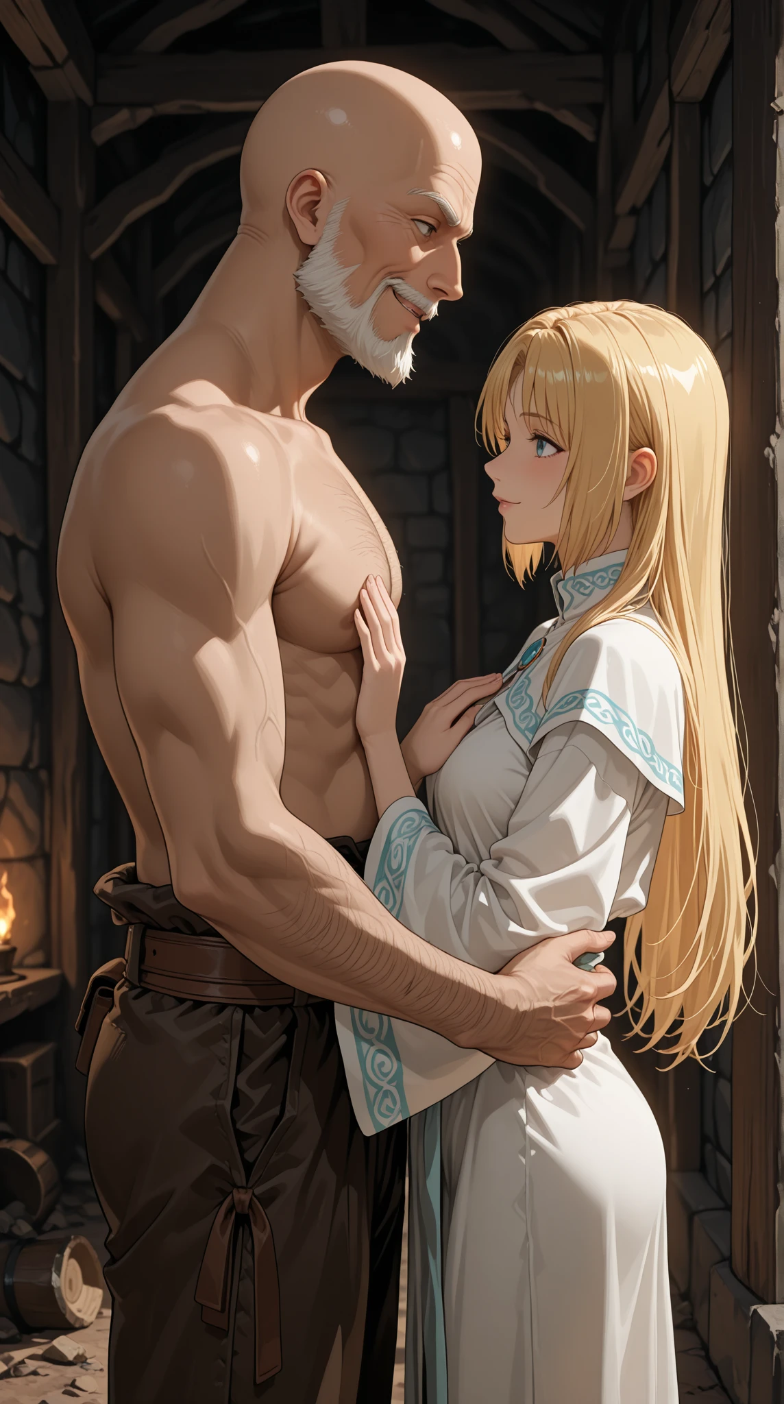 masterpiece, highest quality, Medium wide shot、cowboy shot、NSFW、prostitute、naked men and women、1 mature woman、(mint, blue eyes, braid,、long blonde hair、hair between eyes)、((big breasts、huge breasts、big areola、erect nipples))、 (((Full naked、nudist)))、 ((pubic hair、hairy、pubic hair、pubic hair))、Two naked men、One、(woman sandwiched between men、woman between men、Stand up straight)、vagina、penis、in the forest、rain宿り、rain、naked men and womenが並んで立つ、strong man、