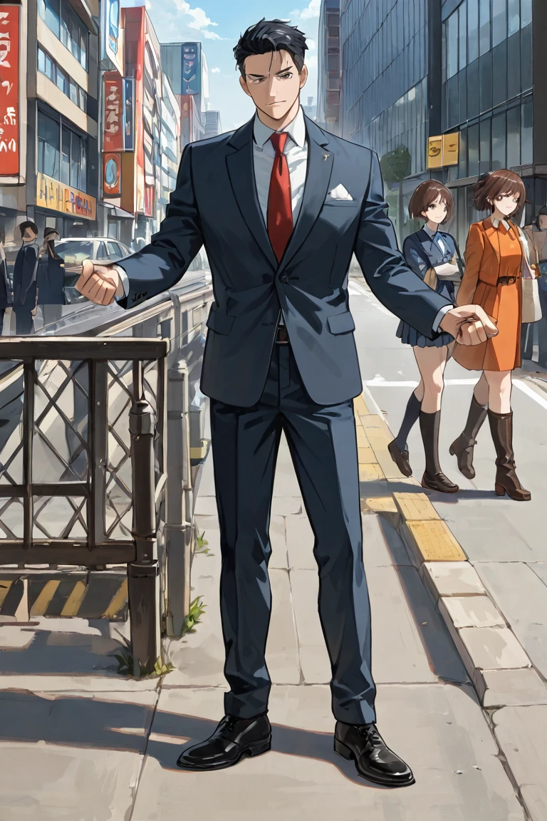 In a Japanese anime or manga style, the scene shows a man standing in front of a company building, symbolizing the founding of the company. The man confidently pointing towards the sky, suggesting his ambition and vision, as if he's declaring himself the king of the world. The company's building prominent in the background, modern and impressive in design. The company's logo, 'TAKUCHEN', clearly visible on the building. The image colorful, with a dramatic sky to emphasize the man's visionary gesture and the significance of the moment. The overall composition conveys a sense of grandeur and ambition, typical of anime and manga storytelling.