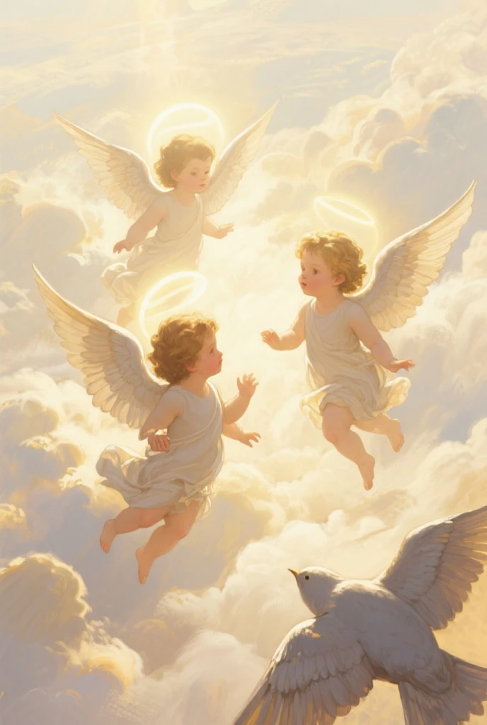 in a wooden room angel boys one plays the harp and the other leans over the baby in the cradle