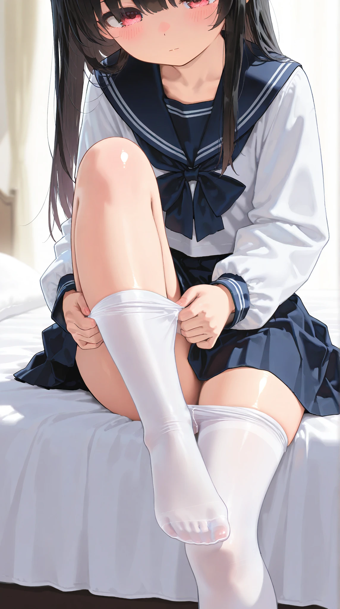 Photorealism、Highest quality、Ultra-high resolution、Browsing Caution、Japanese 、18-year-old、((Girl in uniform sitting on bed))、M-shaped feet:1.4、((She opened her legs wide:1.2))、Sit with your knees bent and your legs apart、((Showing panties:1.5))、A sexy look for the camera、((Blonde))、((pink silk panties))、((Panties close up:1.85))、Light blue shirt、Dark blue tartan check pleated skirt、Dark blue socks、A cute and beautiful face down to the last detail、(Purelos Face_v1:0.008)、Brown eyes、eyeliner、blush、Embarrassing、Glare、 Glossy Lips: 1.4, impatience、It was scary、Glare、blush、はAre crying、Are crying、Open your knees、Spread your legs、Disheveled clothes、dressing、Medium Long Hair,In the bedroom、Anatomically Accurate human body、Perfect Arms、Perfect hands、Perfect Fingers、Perfect Legs、Accurate human body、(View angle from below:1.5)、Emphasis on panties、Panty Shot