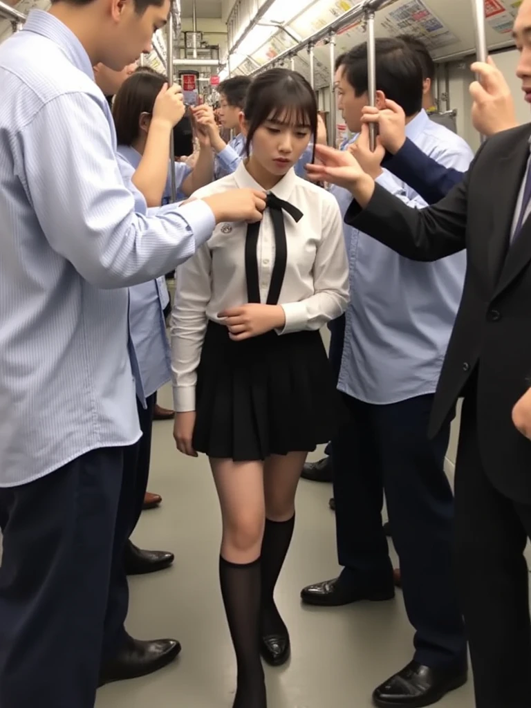 (8K、Live shooting、highest quality、masterpiece:1.2)、(real、photorealistic:1.37)、Super detailed、ultra high resolution、Only one 14 year old girl、see the beholder、beautiful detailed face、A sloppy smile、There are dark spots under the eyes、lightly blushed face、Beautiful face、clear、constriction、(thin slim waist:1.3)、Hair strands、Ribbons in the hair、(Very short hair:1.5)、beautiful detailed skin、skin texture、floating hair、professional lighting、Moist eyes、,NSFW,The pubic area is detailed、full nude、Cute junior high school student、 Face like an idol、small breasts、small breasts、on the train、 crowded train、Being raped、molestation、Several men、(Having sex with an old man in a suit from the side:1.8)、(Open your mouth wide and saliva drips from your tongue :1.5)、Side view、(((T Masterpiece))), ((best quality)), ((intricate details)), ((超realなリアリズム)), I can see the nipples、grnades breasts、Licking the nipples、eyes open、(Open your mouth wide and stick your tongue out:1.5)、shyness、surprised expression、expression of agony、The clitoris is visible、expand pussy、hold a man's cock in your hand、You can clearly see whose hands and feet belong to