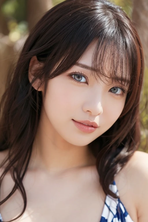 (8k), (highest quality: 1.2), (Realistic), (Realistic: 1.37), Ultra-high resolution, 1 girl, Head to knee photo、cute, smile, Mouth closed, Beautiful details, Beautiful Nose, whole body, Wet Hair, Giant Dulcefo, pork, , (Large Breasts)、Saggy breasts、Soft Breasts、Overflowing breasts、Voluptuous thighs、Pastel colored micro bikini、Odd Eye、Heterochromia iridis