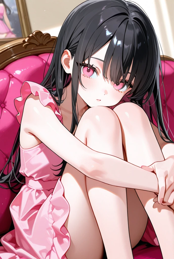 Hands behind back,Tied with hands behind back,lick,1girl,(((,teenager))),((((rt,Tiny,slender,Slim))))),small breasts ,from front,front view,looking at viewer, looking ahead,from above,cowboy shot,Black Hair,Long Hair,straight,two side up,Gray Eyes,Drooping eyes,slit pupils,narrow eyes.Collar with leash,Sheer black and toffee pink negligee,lingerie,open mouth,tongue out,front face,Kneeling,Straight Stand,Mischievous smile,cum on tongue,Dimly lit room,On the bed,Simple Background,Gray background,Dim lighting,