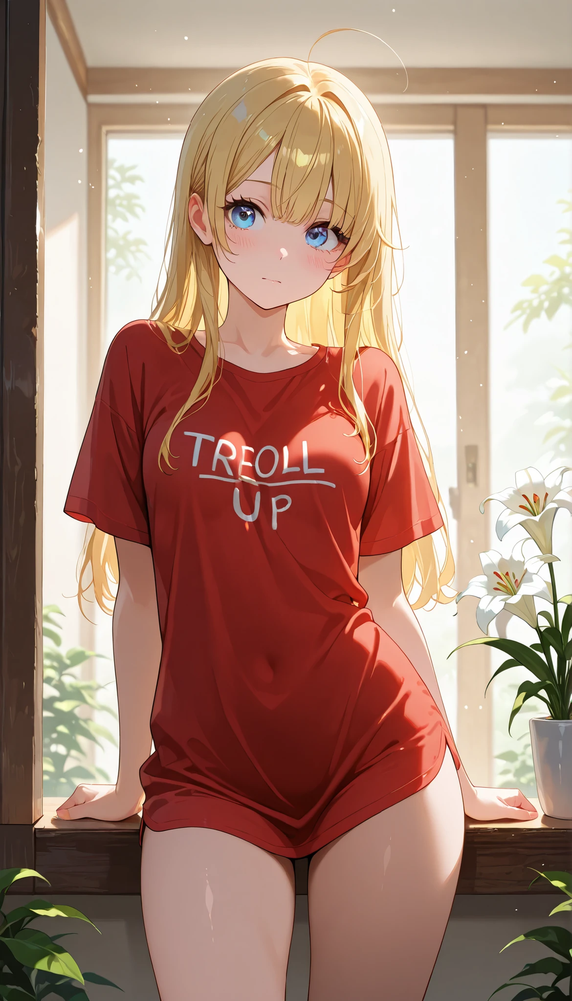 high resolution images, masterpiece, Highest Quality, great quality, solo, 1 girl,Lily,small breasts,embarrassing、in the middle of changing clothes、TRoll up your shirt、The inner is visible