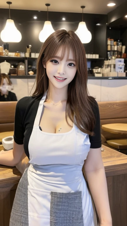 perfect anatomy,masterpiece, highest quality, RAW photo, (Highly detailed CG Unity 8K wallpaper, super detailed digital art), disorganized, wonderful, sharp focus, looking at the viewer,japanese mature,milf, 50yo,old female,face wrinkles,Happy, smile,contrappost, straight hair, black hair,(big breasts), side boob,wide hips, (naked:1.5),(mini maid apron:1.2), maid apron, No panties,(naked hip),random pose,beer,restaurant,brings prepared food to a restaurant, (at fashionable cafe, sweets, coffee, painting, table, table cloth:1.3),crowded peaple,detailed background,()