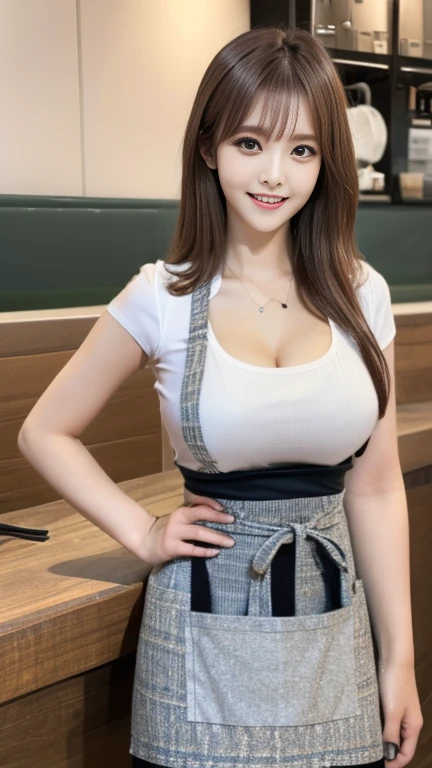 highest quality,masterpiece,Ultra-high resolution, (Realistic:1.4), girl, 18-year-old, (Firm breasts:1.2), (Slim face:1.2, Narrow waist, Thin legs), Charm, look at each other, Dynamic Shot, (black choker) , Long sleeve, (bangs), Blue Contact Lenses, smile, Big Breasts, ((apron dress、apron))、very long eyelashes, ((market)), (Nipples:-1)