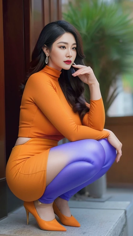 Squat on the ground with your legs together,Orange clothes,Blue and purple reflective yoga pants,cosmetic, (lipstick: 1.1), (Eyeliner: 1.2), mascara, Eyeshadow,Outdoor sports, earrings, necklace,Wrinkles at the corners of the eyes, Oral wrinkles,High Neck Knit Bodycon Dress,full-body shot,An Asian Japanese woman,65 years old,big eyes,elegant temperament elegant temperament,(masterpiece:1.2, best quality), actual, (The real situation,45 years old, Intricate details, Depth of Field), The content is very detailed, This is a perfect face, Perfect body, Large Model, 8K,best quality, masterpiece, Ultra-high resolution,(lifelike:1.4), original photo, Stay focused, Exquisite beautiful woman, (tall and straight:1.1),(Fat goddess desetallic ),half butterfly earrings, double ring necklace, (:1.05), (65 years old, : 1.4),Long curly hair, Dynamic angle, (red lips)Beautiful graphics, High heel
