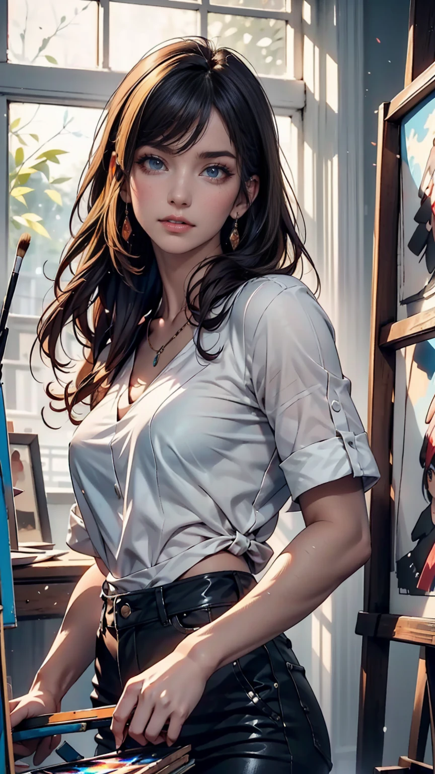 (Best quality, High resolution, Masterpiece :1.3), A tall and pretty woman, Slender abs, Dark brown hair styled in loose waves, Breasts, Wearing pendant, White button up shirt, Belt, Black skirt, (Modern architecture in background), Details exquisitely rendered in the face and skin texture, Detailed eyes, Double eyelid --auto --s2