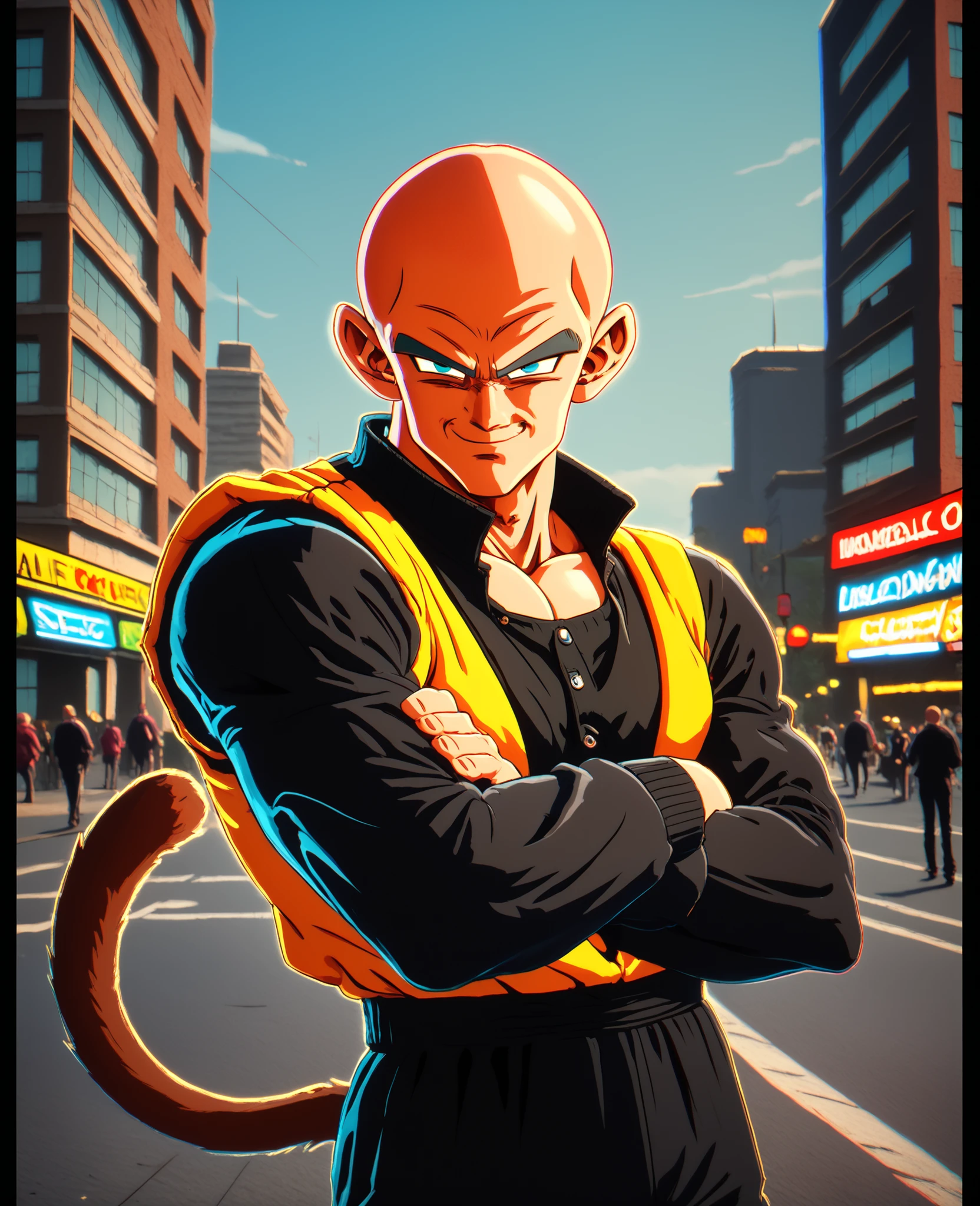 score_9, score_8_up, score_8,
city,
sp4rk1ngz3r0, chromatic aberration, detailed background,
Nappa DBZ character, bald Saiyan, male focus, solo, monkey tail, smirk, black loose track suit, muscular lean aura,