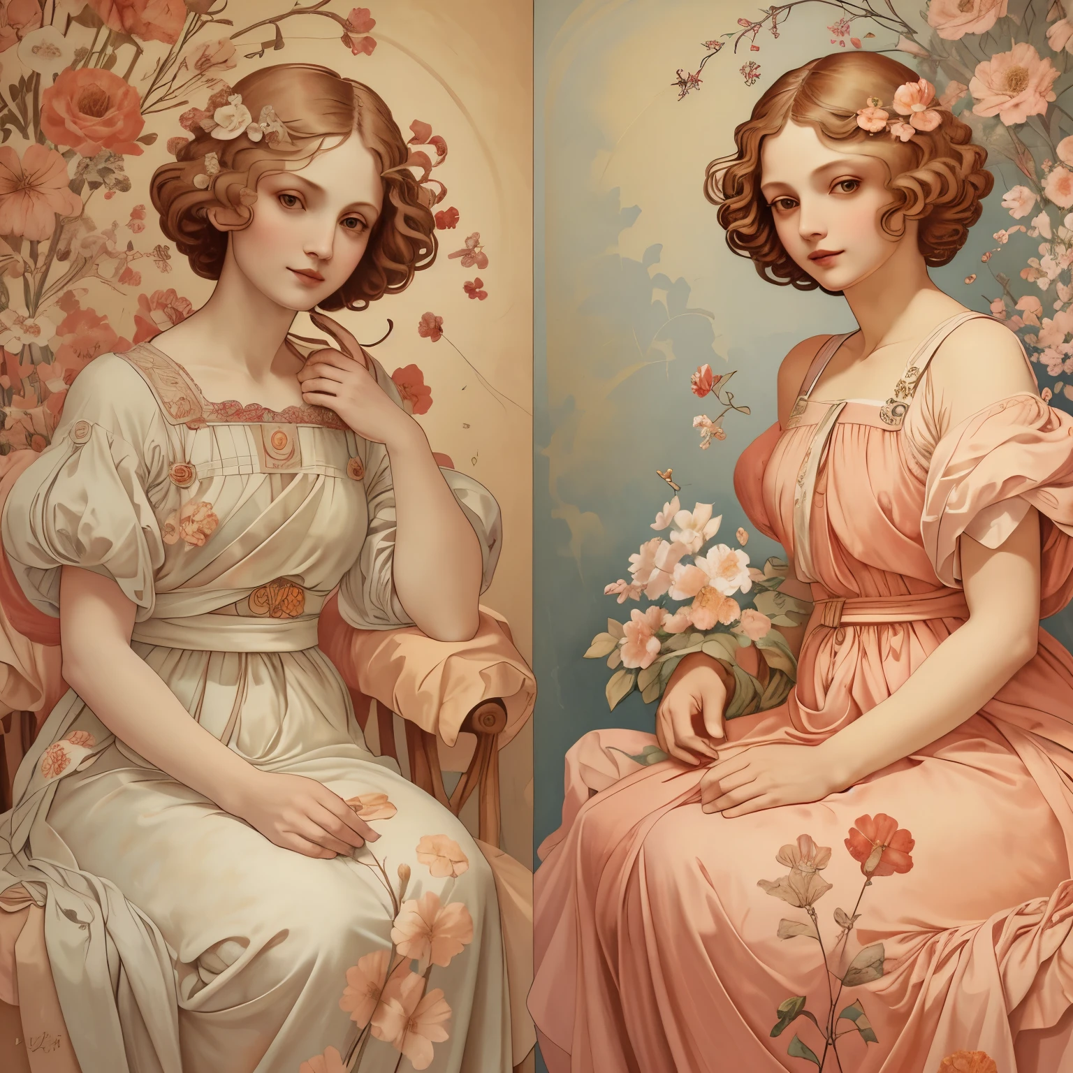 379 (20 year old women),(short hair),(gentle smile),(high quality photos),(Da Vinci ),(colorful floral dress),(A room with a large painting),((contrast between light and shade))