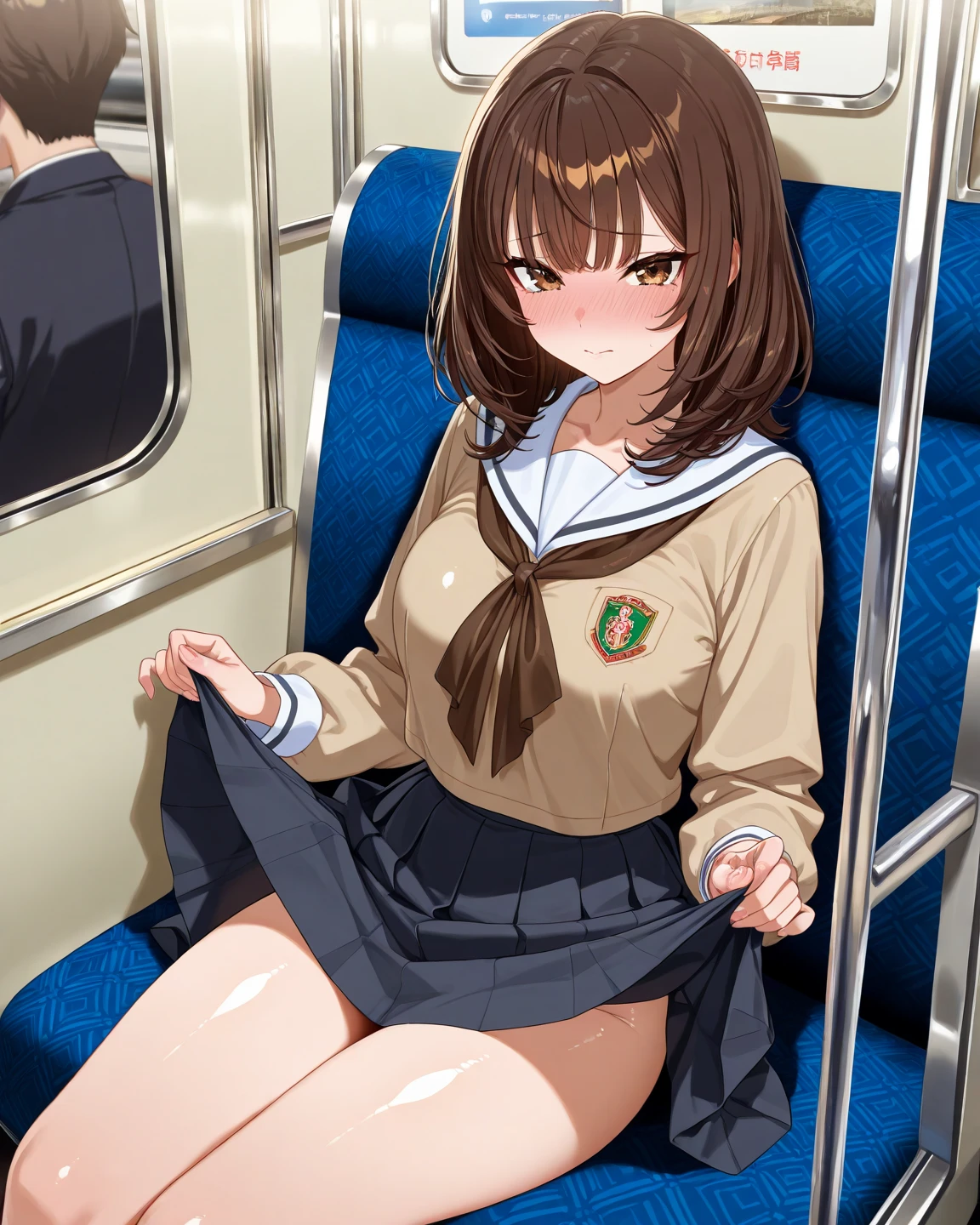 (1) Sitting alone on a long seat in a train,Sit with your legs apart,Showing white panties, Composition from the front,Low - Angle,
(2) I'm a jk, She is wearing a uniform consisting of a miniskirt, sailor suit and loose socks.,
(3) I have medium length brown hair,
(4) The expression is provocative and smirking.,
(5) The location is a long seat on the Yamanote Line at night.,There are no other customers,The view outside the window is the night view of the city