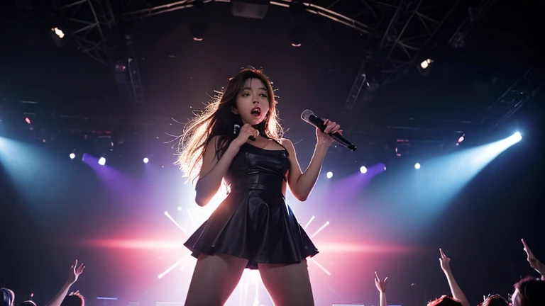 ((best quality)), ((masterpiece)), (detailed), perfect face. ((Ariana grande)). Wears a tight and short latex skirt. Strapless and tight top. Her body is slim and fit, her buttock is very thick and fit. She is standing on the stage, giving a blowjob to a guy. Full body shot. Perfect and symmetrical face. Symmetrical and detailed eyes. Detailed face. ((Cute)). ((Camel toe))