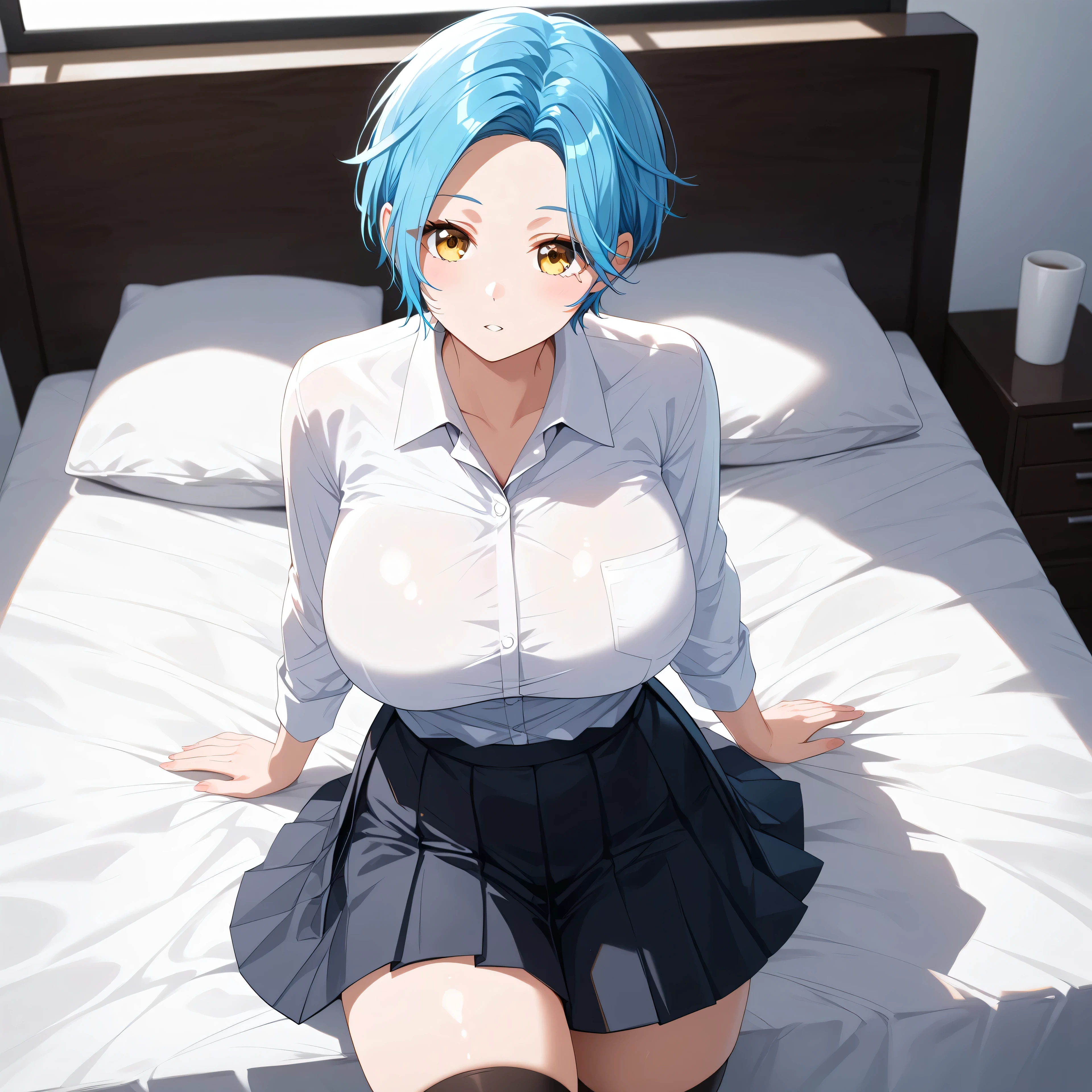 (masterpiece)), ((top-quality)),((Vivid light and shadow depiction)), (The ultra-detailliert), ((kawaii)), cute little, (Detailed body line depiction), ((detailed face depiction)),((ighly detailed)), 4K、 (8K), top-quality, (Beautiful fece),(((World-class quality))), ighly detailed, hight resolution,(((独奏))),((((blue green hair)))).((((shinny hair)))),(((White and beautiful skin))),(((Detailed udder))), (((Beautiful blue-green eyes))),(((Short bob hair)))),(((Ahoge))),normal breast、(((Bold poses)))、(((red blush))),(((Bright smile)))、(((Looking up from your feet)))、(((composition seen from below)))、acrobatic pose、((Hair flutters in the wind))、(((In a dark love hotel room))),(((full of sweat)))、(((open the legs widely))),((Detailed crotch depiction))),(((Used condoms scattered)))、(((Used condoms are attached to the body))),(((lying back))).(((Open your crotch)))、(((Emphasis on the crotch)))、(((dripping white liquid on the body))),((((cum on hair ))),(((cum on facial))),(((Squats with open knees、Overlooking)))、(((On the red bed)))、(((Close-up of the crotch))),(((((Wearing a white cutter shirt with front button open over naked)))))、